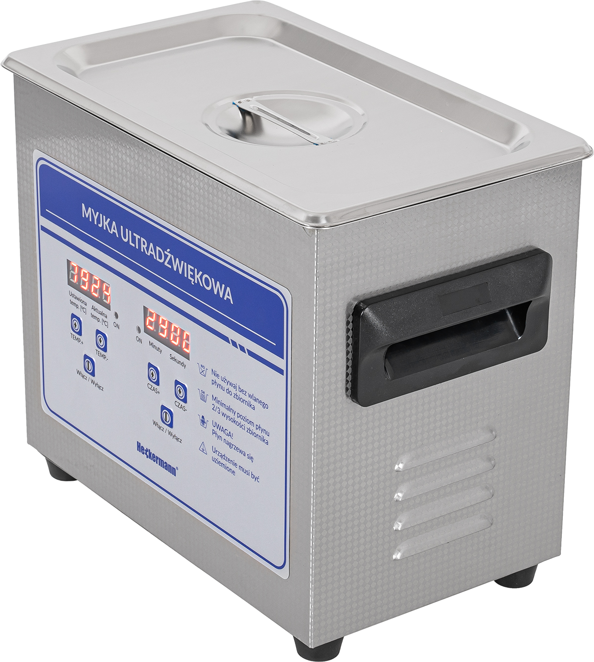 Srebrna myjka ultradźwiękowa z cyfrowym wyświetlaczem i czarnym uchwytem.