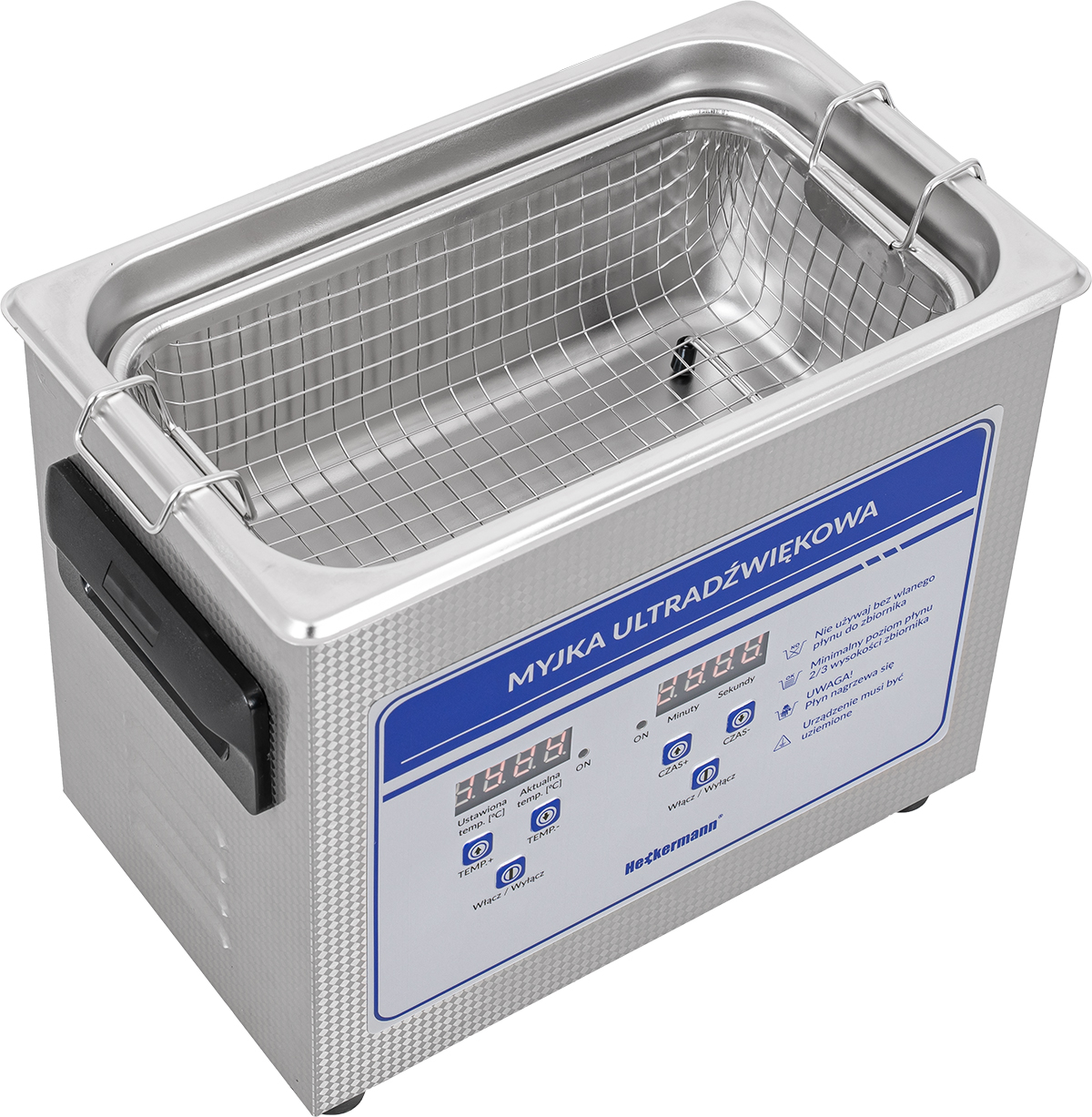 Myjka ultradźwiękowa ze stali nierdzewnej z wyświetlaczem cyfrowym i panelem sterowania.