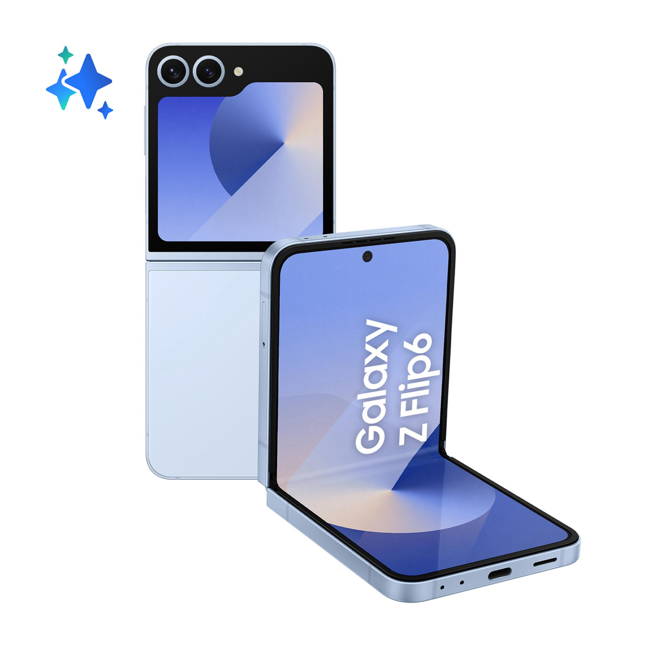Un Samsung Galaxy Z Flip6 azzurro si apre su sfondo bianco con grafica a stelle.