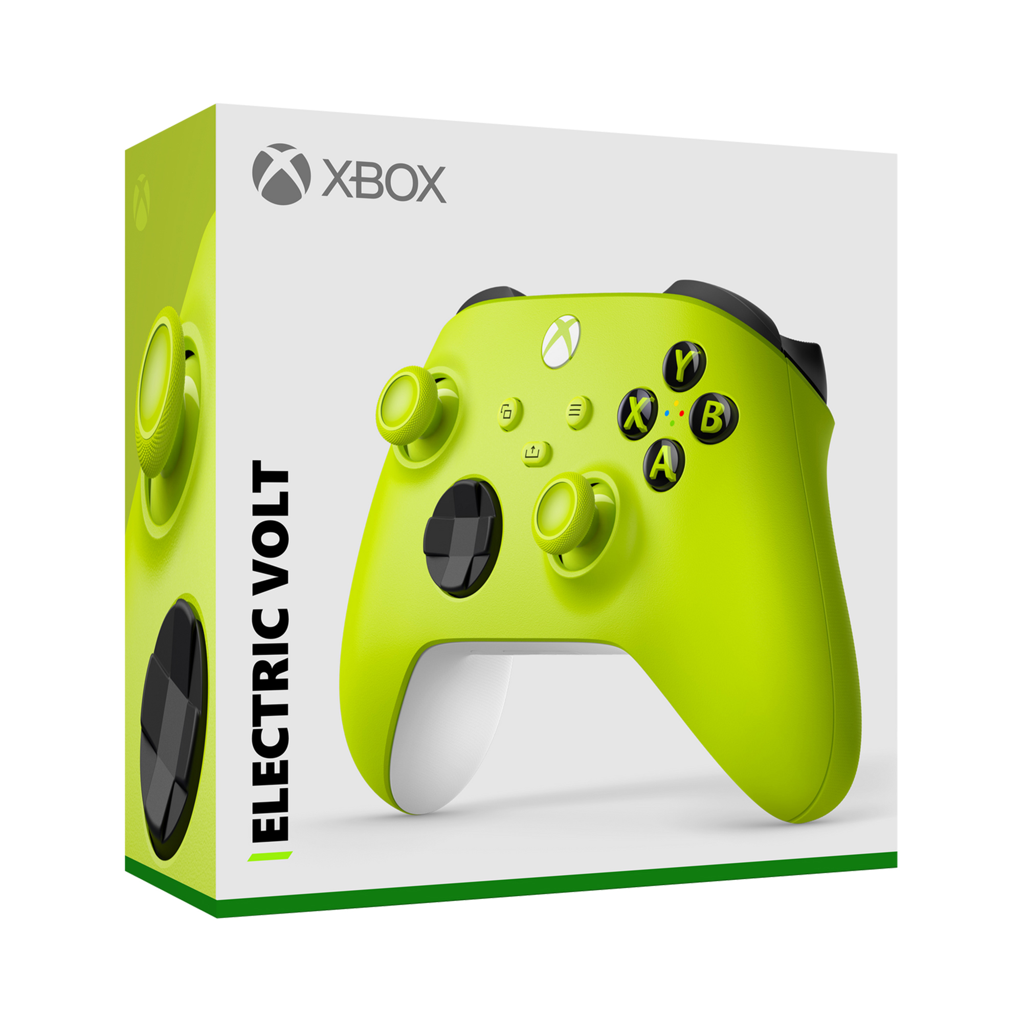 Ein leuchtend grüner Xbox-Controller mit „ELECTRIC VOLT“-Aufschrift auf der Verpackung.