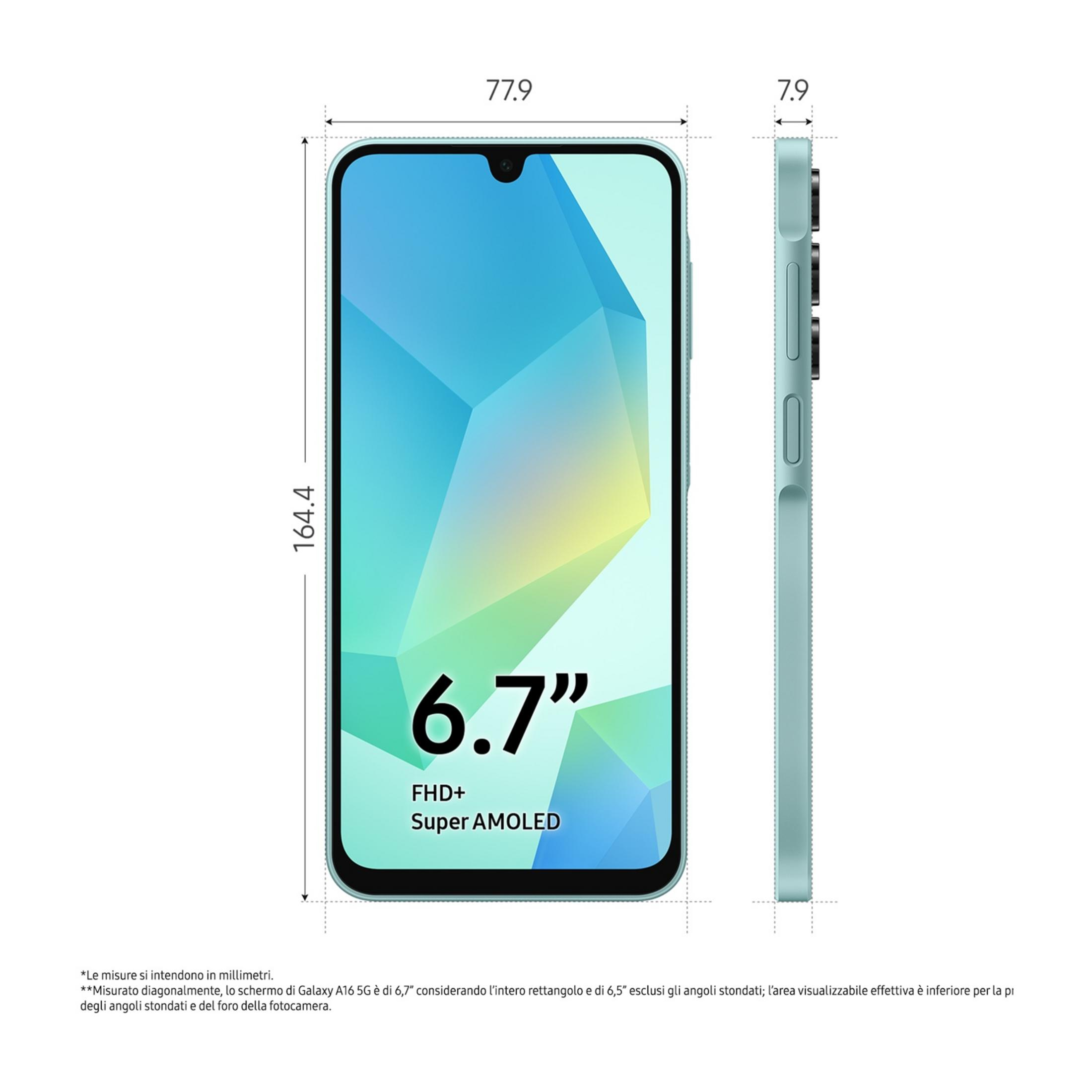 Ein hellgrünes Smartphone mit 6,7-Zoll-FHD+-Super-AMOLED-Display und Maßen.