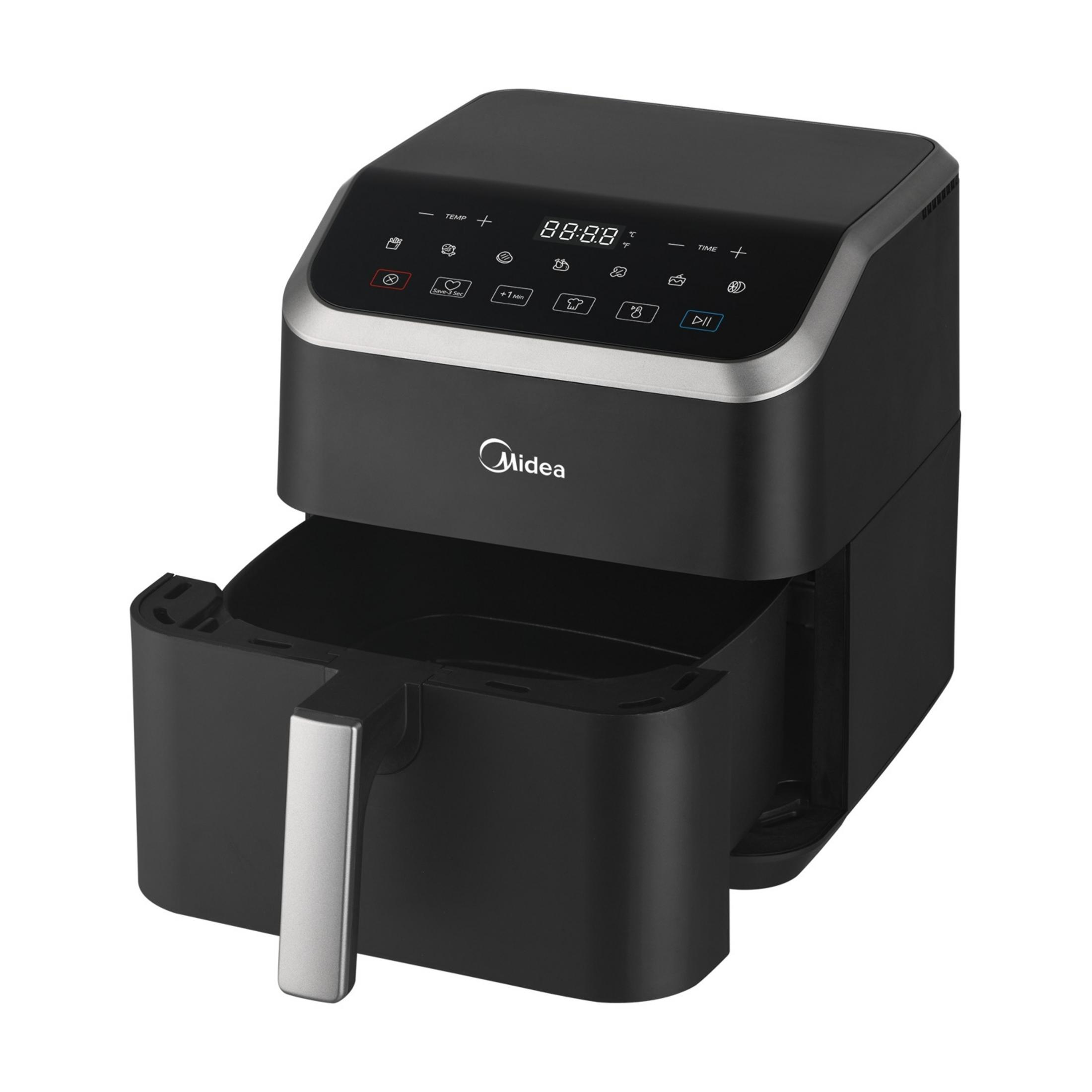 Czarna frytkownica beztłuszczowa z cyfrowym wyświetlaczem i srebrnym uchwytem.