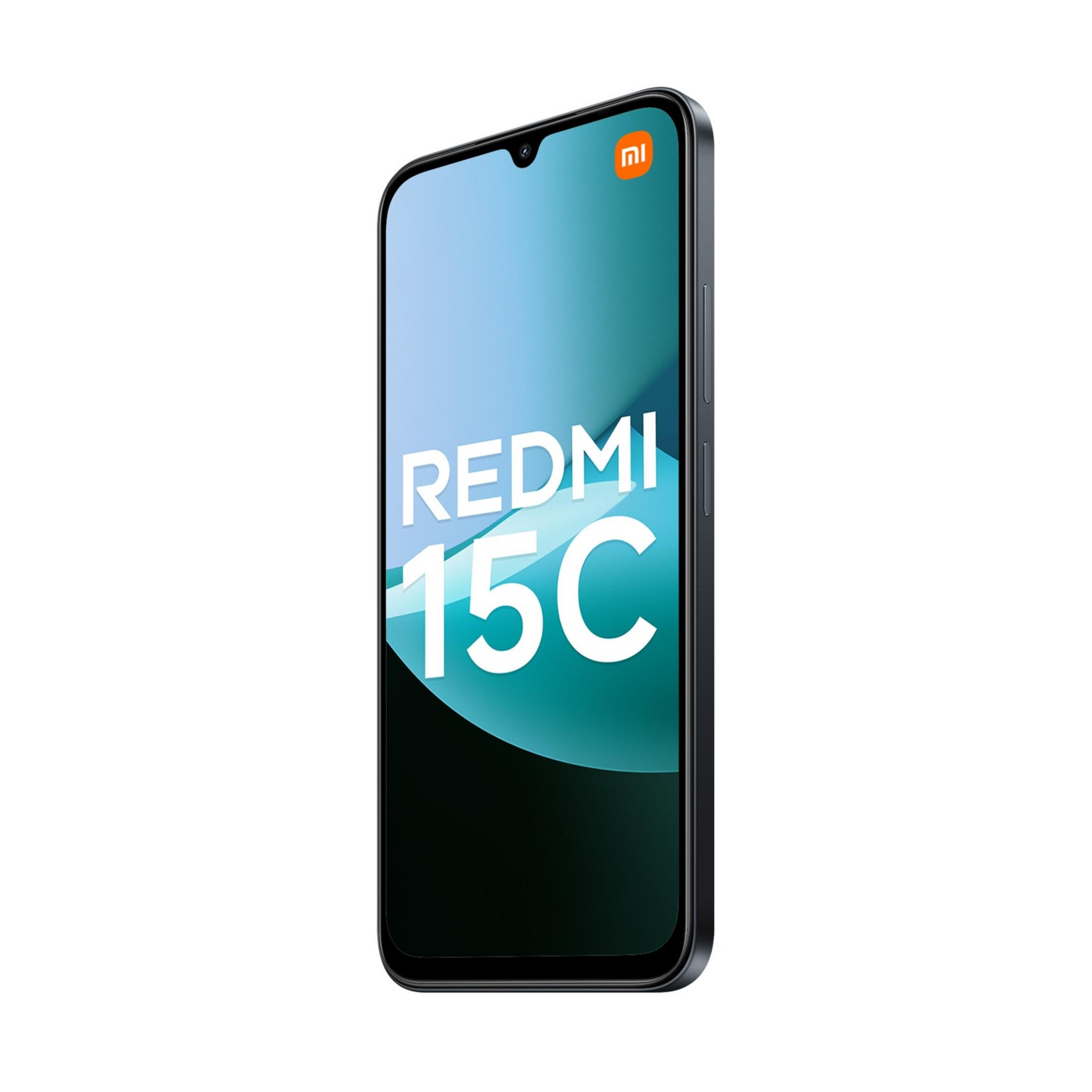 Ciemny smartfon z napisem REDMI 15C na ekranie.