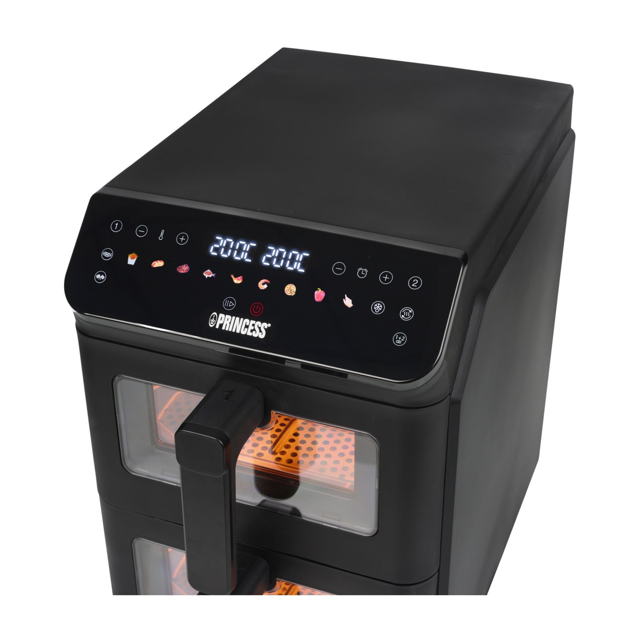 Schwarzer Doppelluftfritteuse mit digitalen Bedienelementen und Sichtfenstern.