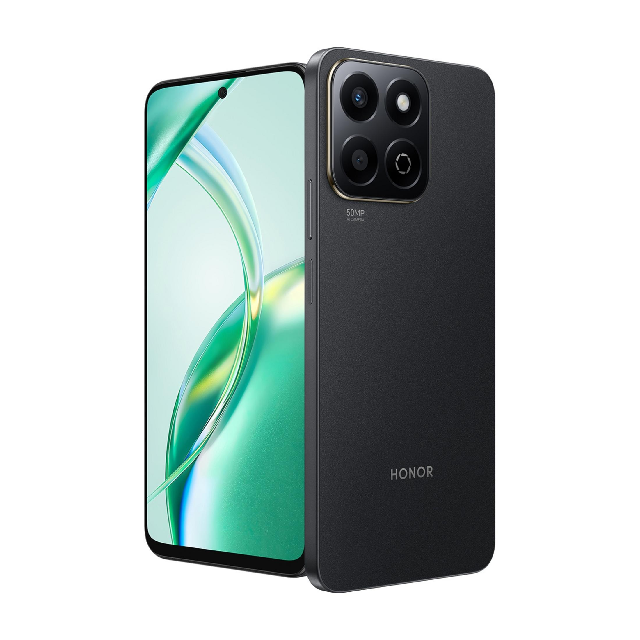 Uno smartphone Honor nero con array a quattro fotocamere e sfondo verde.