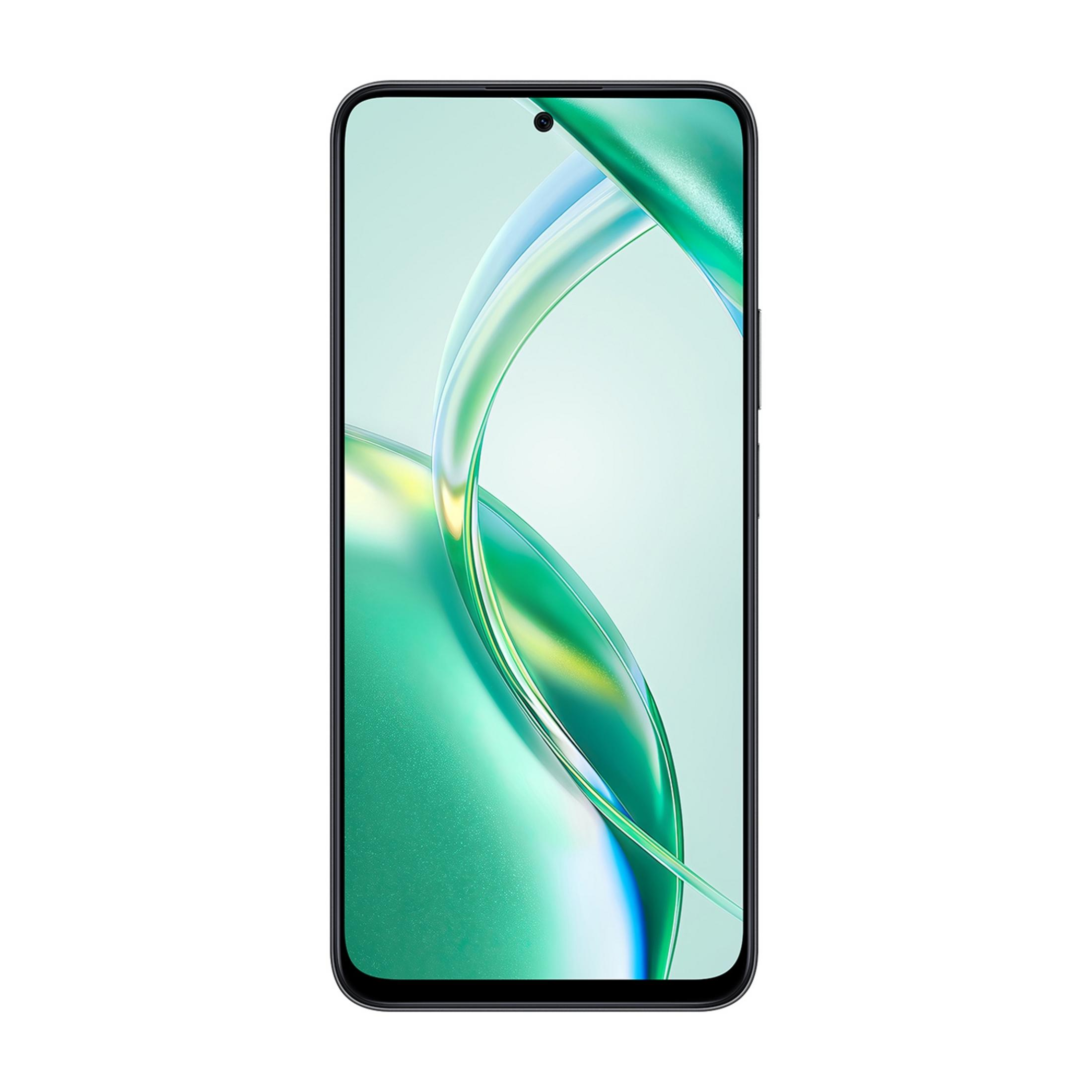 Uno smartphone nero con sfondo verde menta e un'onda blu.