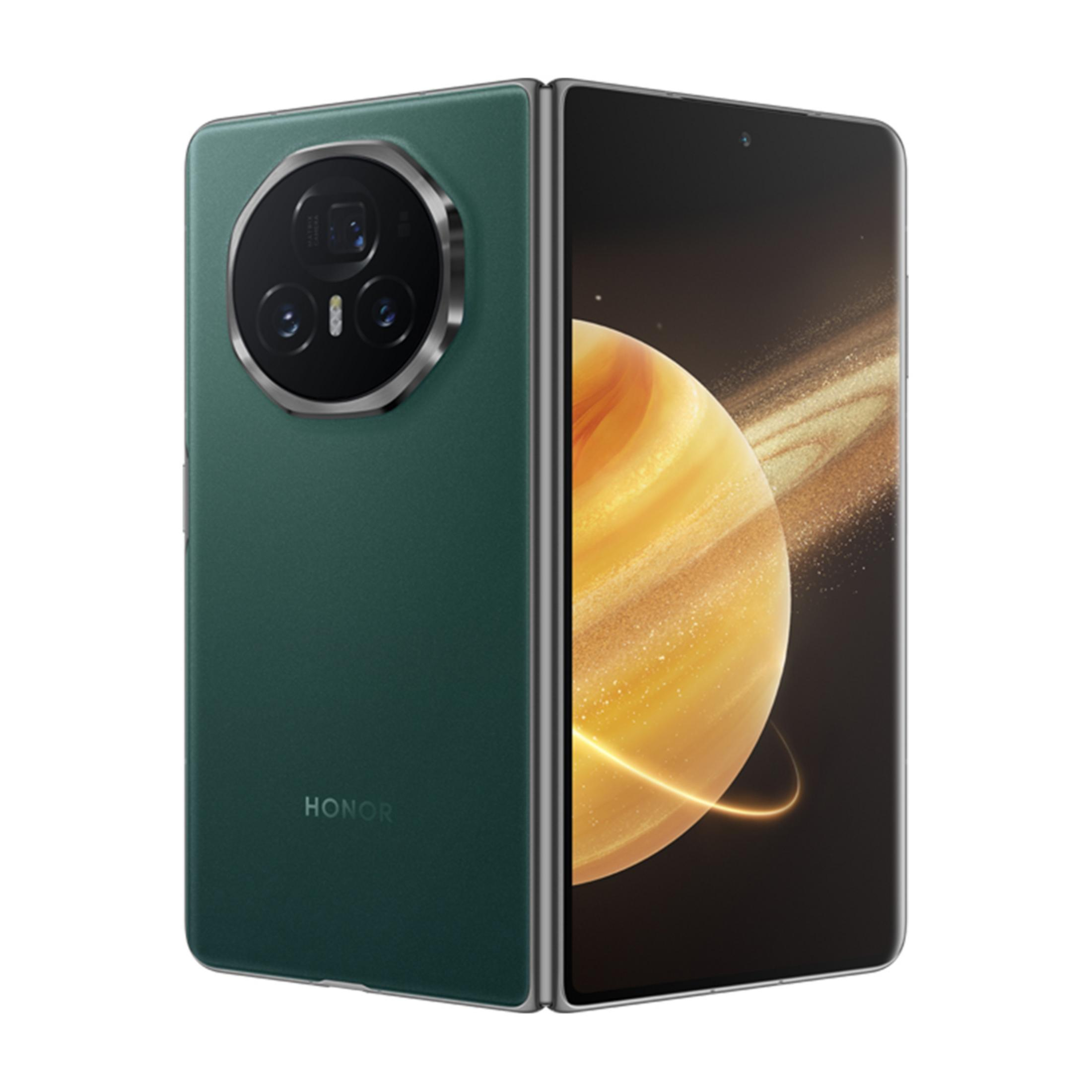 Zielony, składany telefon Honor z aparatem i tapetą kosmiczną.