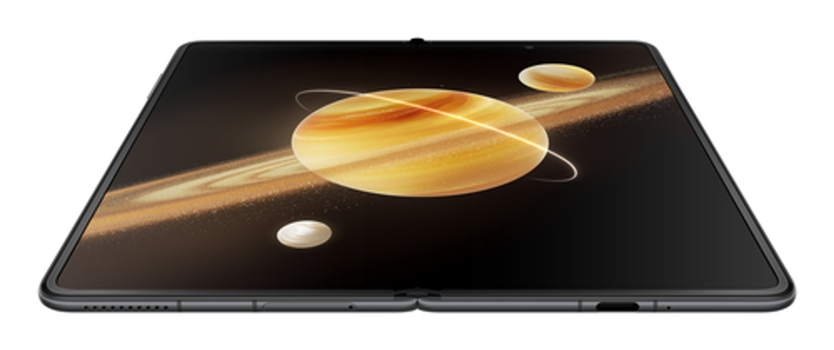 Otwarty smartfon wyświetlający kosmiczne tło z planetami i pierścieniami.