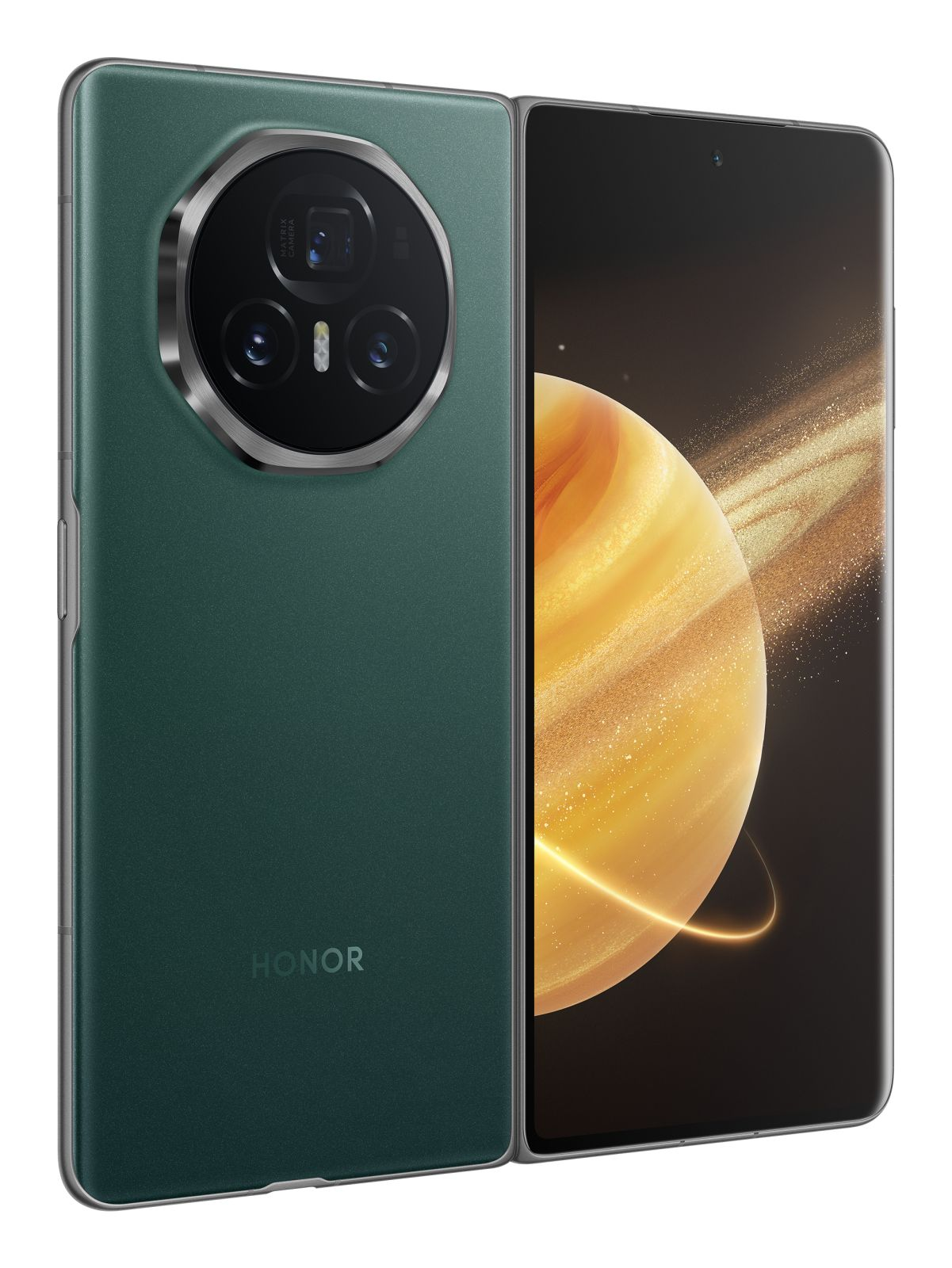 Zielony smartfon Honor z okrągłym modułem aparatu i planetą na ekranie.