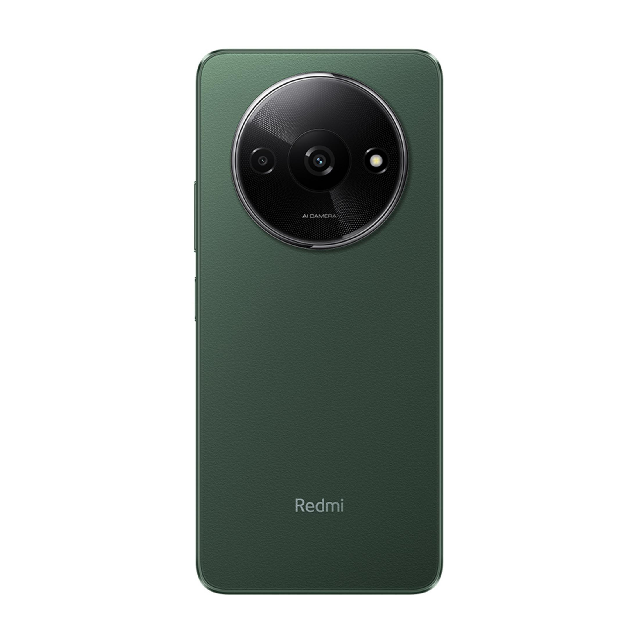 Smartphone verde scuro con disposizione modulo fotocamera tondo e logo Redmi.