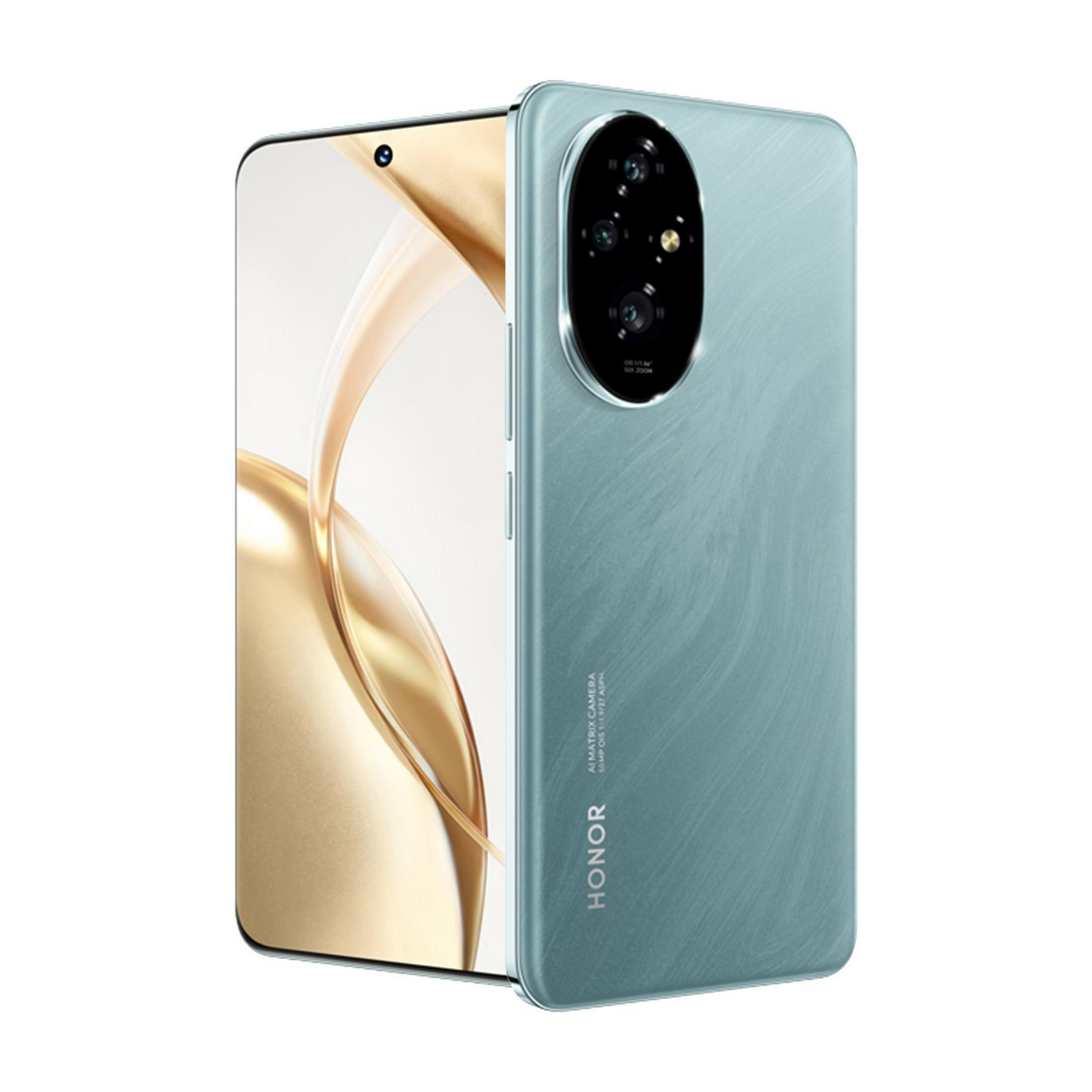 Un smartphone verde azulado yace sobre una superficie dorada. La parte trasera muestra un conjunto de cámaras.
