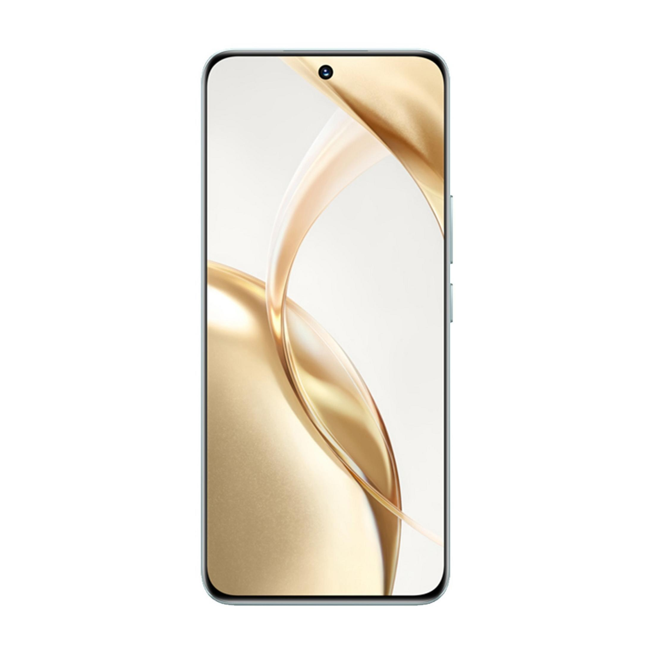 Un elegante smartphone con pantalla brillante y ondas doradas.