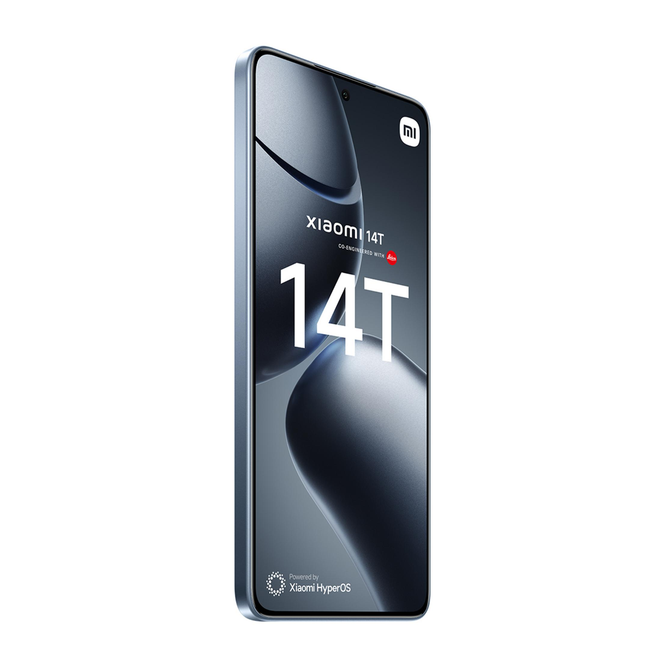 Niebieski smartfon Xiaomi 14T z logo Leica na białym tle.