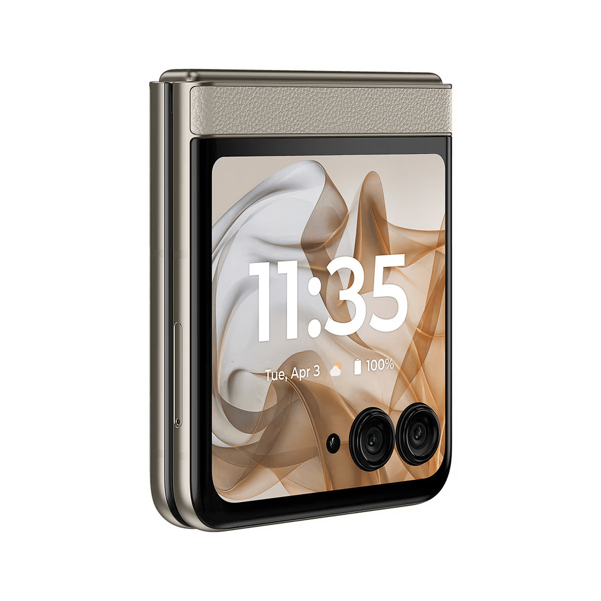 Zamknięty srebrny telefon z klapką wyświetlający 11:35 na ekranie.