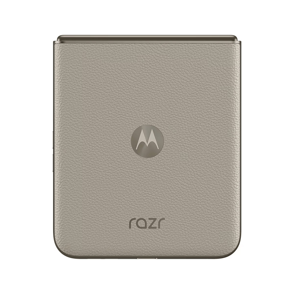 Zamknięty szary telefon Motorola Razr z klapką, logo Motorola i napisem Razr.