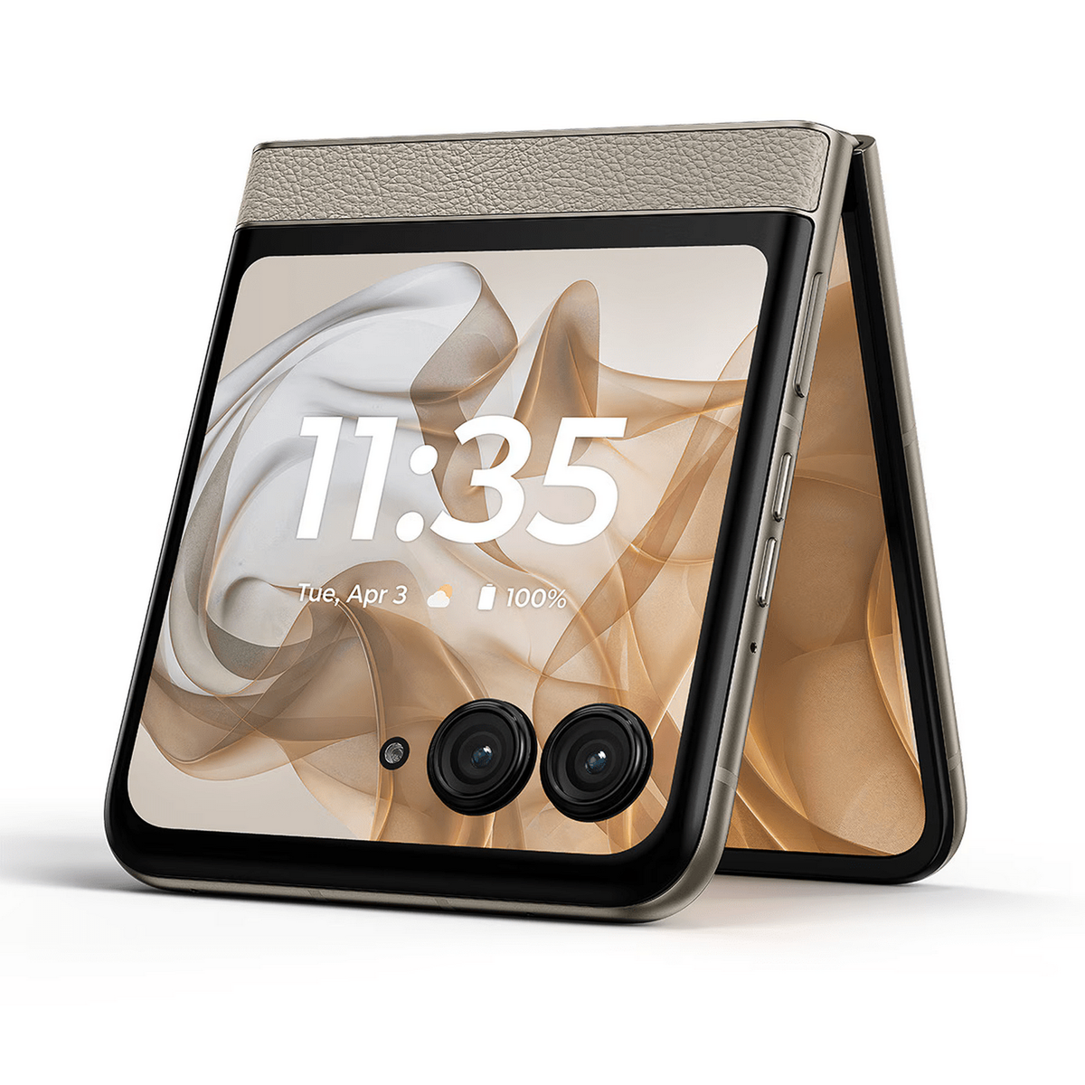 Zamknięty telefon składany z dwoma aparatami i górą z fakturą skóry.