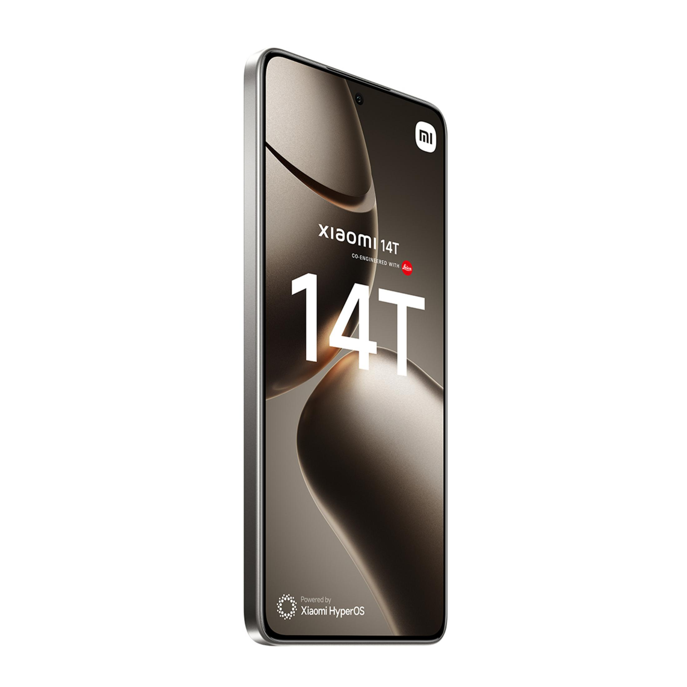 Smartfon Xiaomi 14T z aparatem Leica, szara ramka, biały napis.