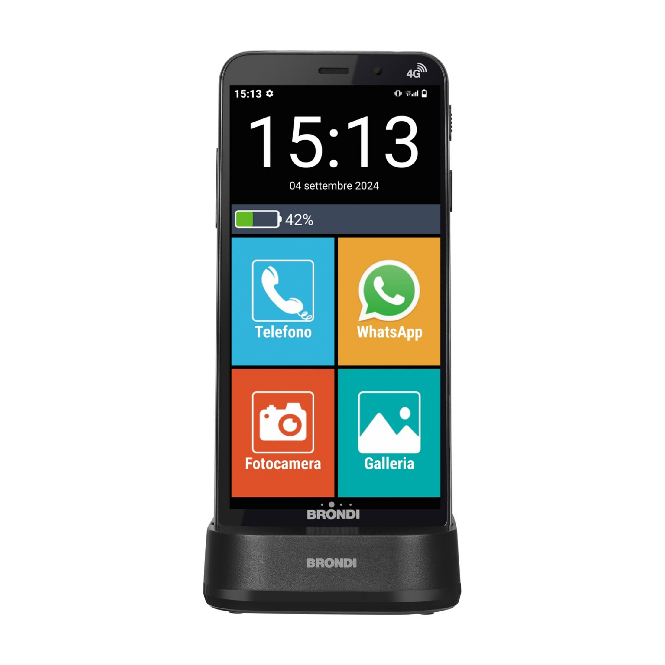 Czarny smartfon na stacji ładującej. Ekran pokazuje godzinę, datę, baterię i ikony aplikacji.