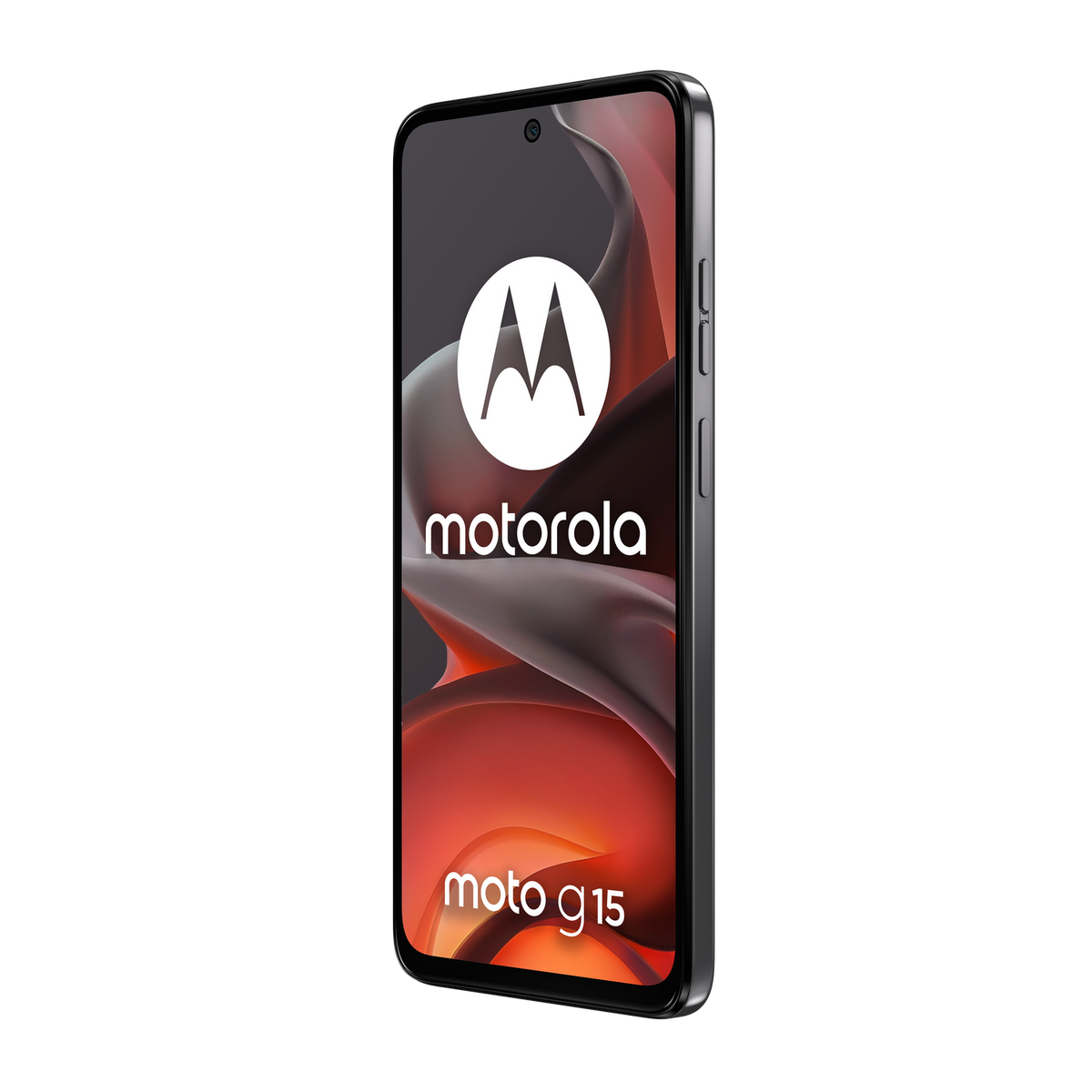 Smartfon Motorola Moto G15 z ciemnym tłem i abstrakcyjną tapetą w kolorach czerwonym i szarym.