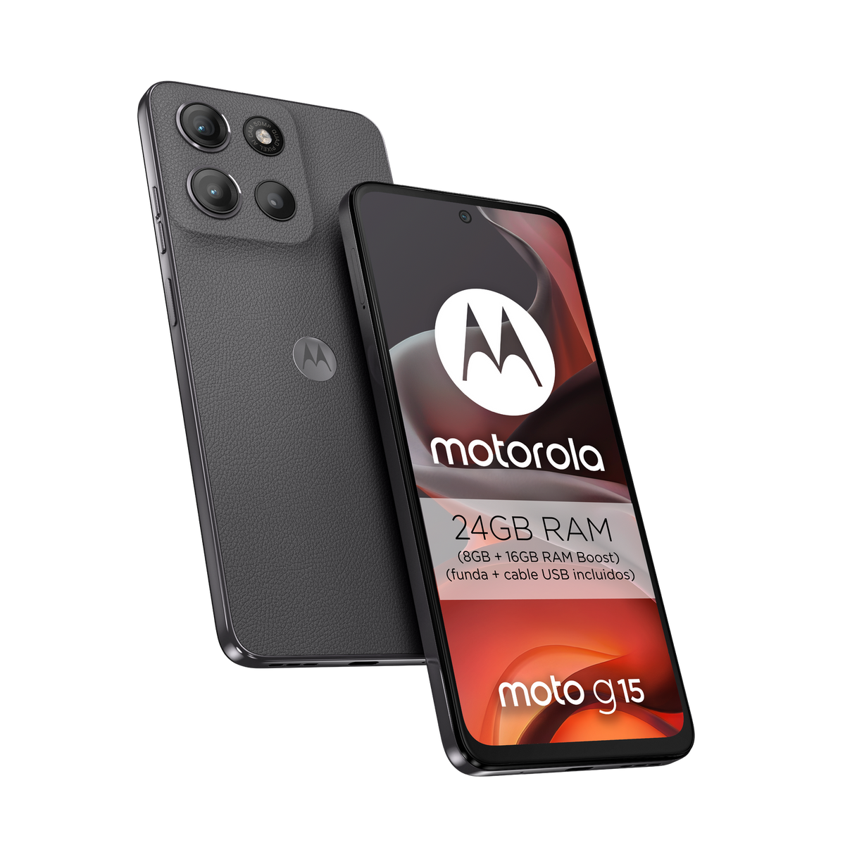 Szary smartfon Motorola Moto G15 z 24 GB RAM, na czarnym tle.