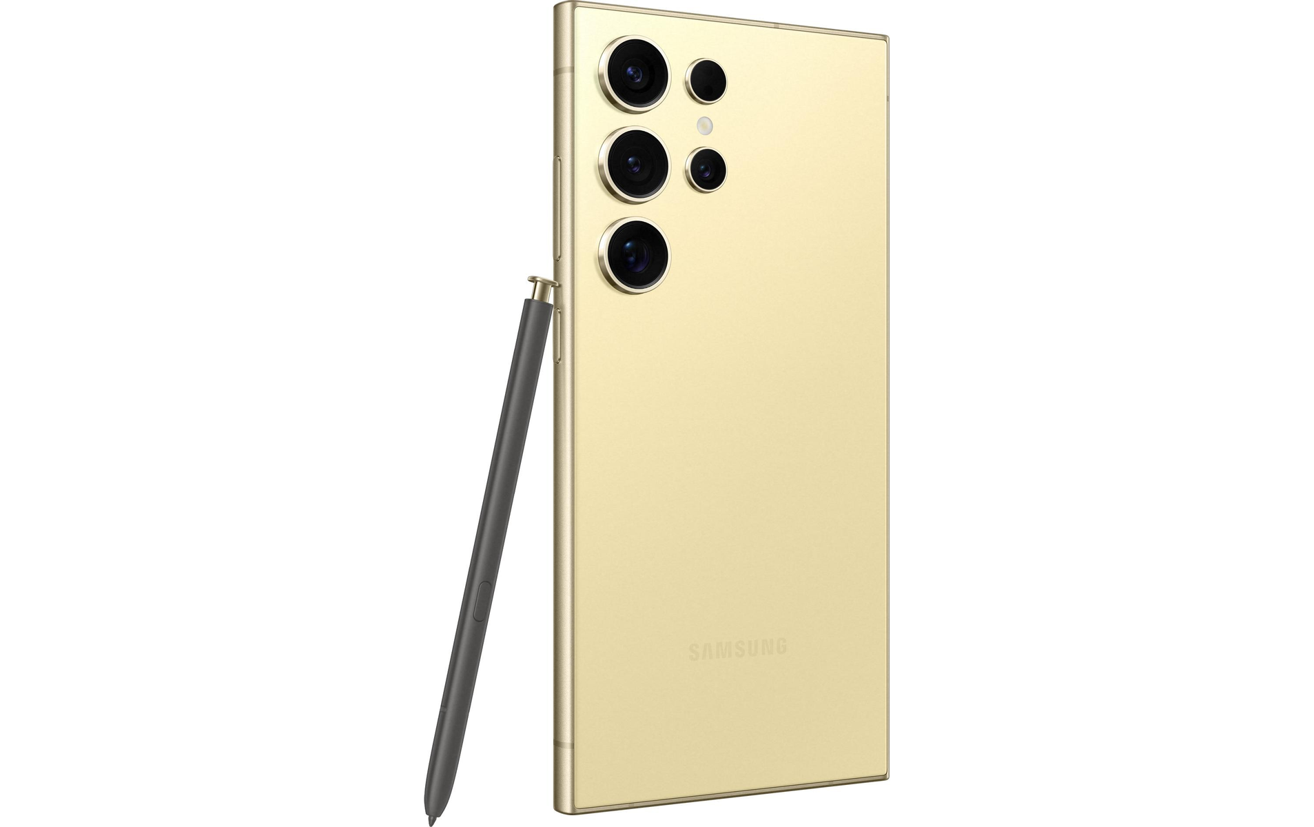 Złoty smartfon ze stylusem i czterema aparatami na białym tle.