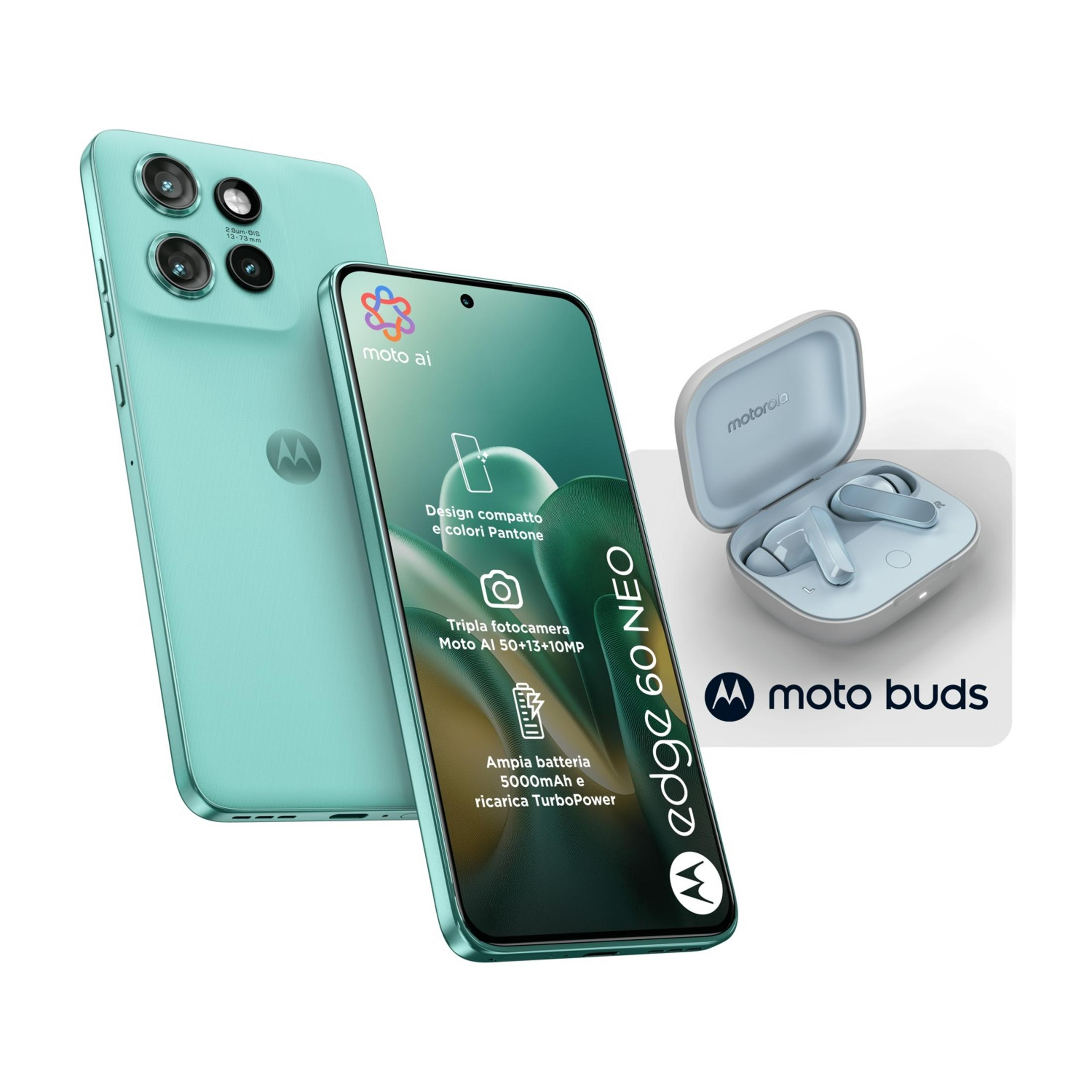 Miętowo-zielony smartfon Motorola Edge 60 Neo i Moto Buds w etui.