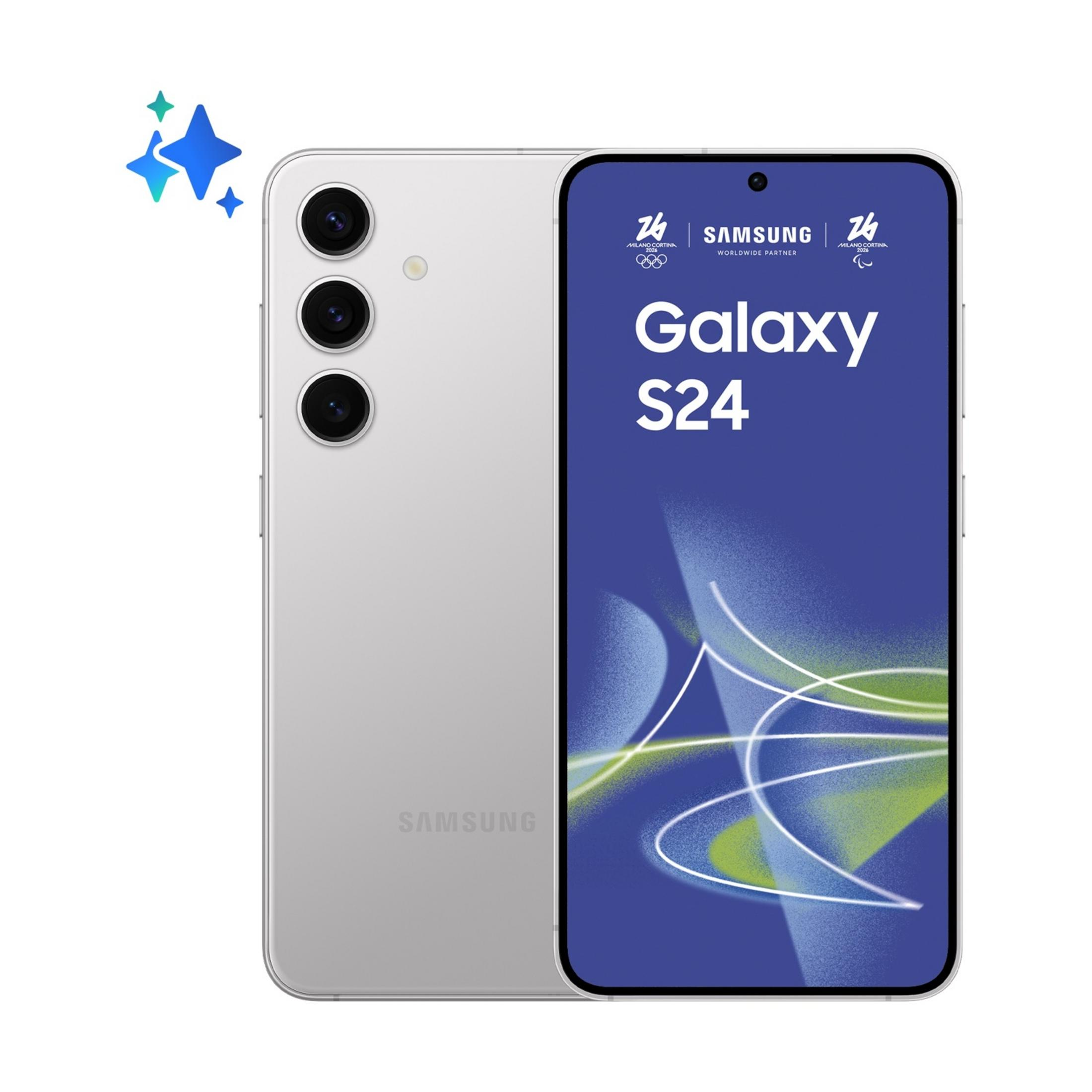 Srebrny telefon Samsung Galaxy S24 z logo olimpijskim i abstrakcyjnym wzorem.