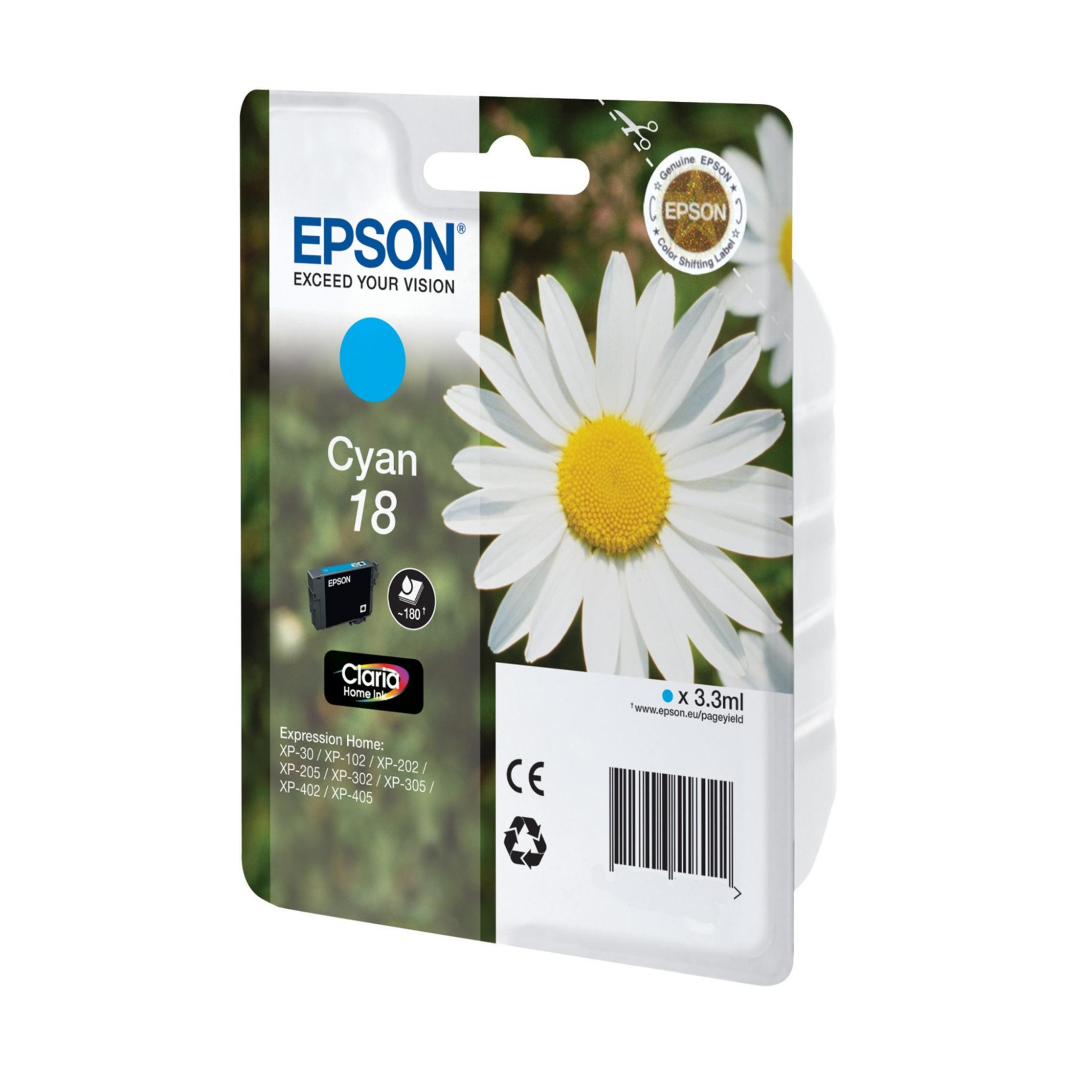 Confezione inchiostro Epson Cyan 18 con margherita e logo Epson.