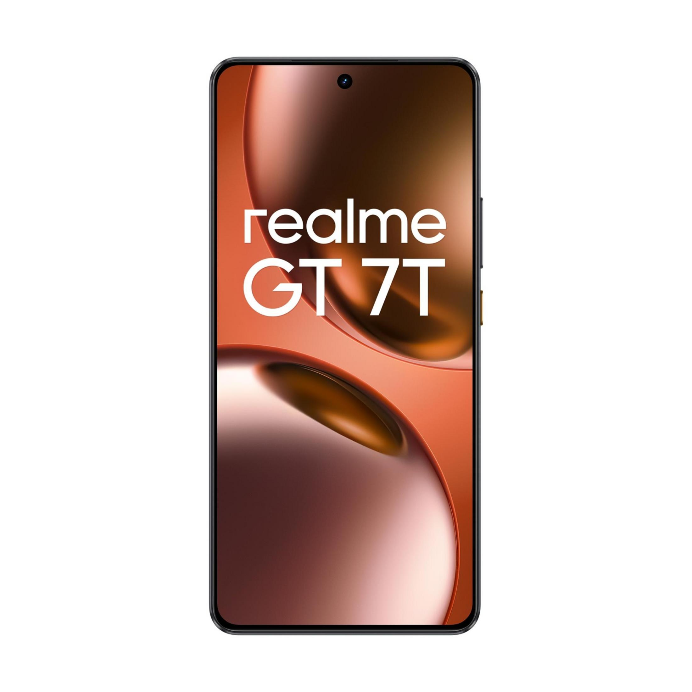 Smartfon Realme GT 7T z pomarańczowym, falistym tłem.