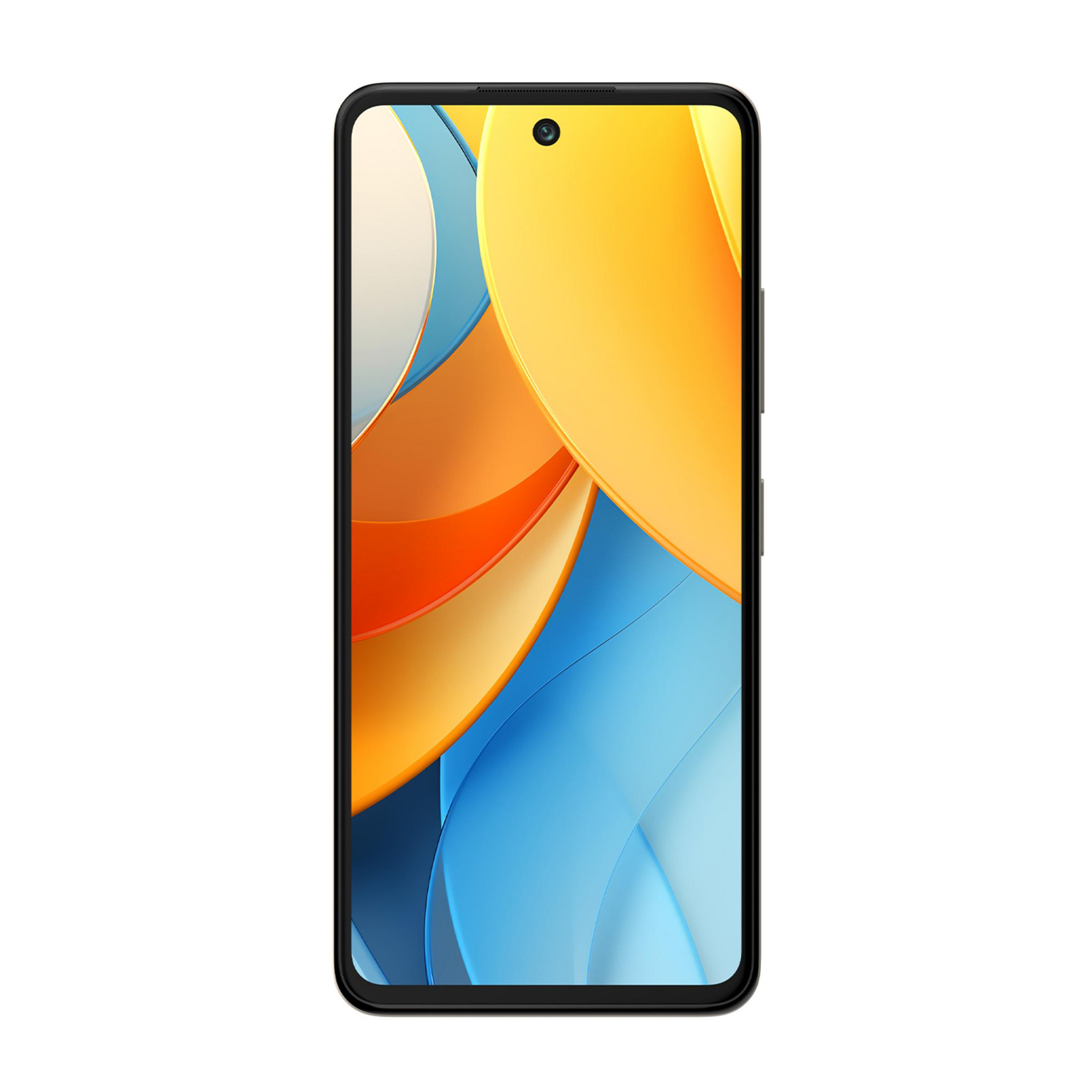 Uno smartphone nero che visualizza uno sfondo astratto colorato.