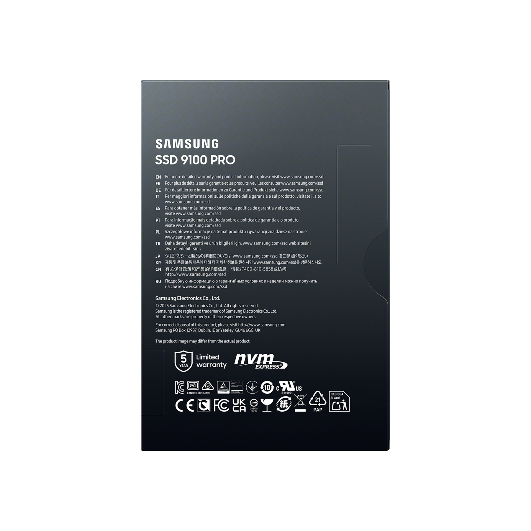 Samsung SSD 9100 PRO z informacjami o gwarancji i logotypami.