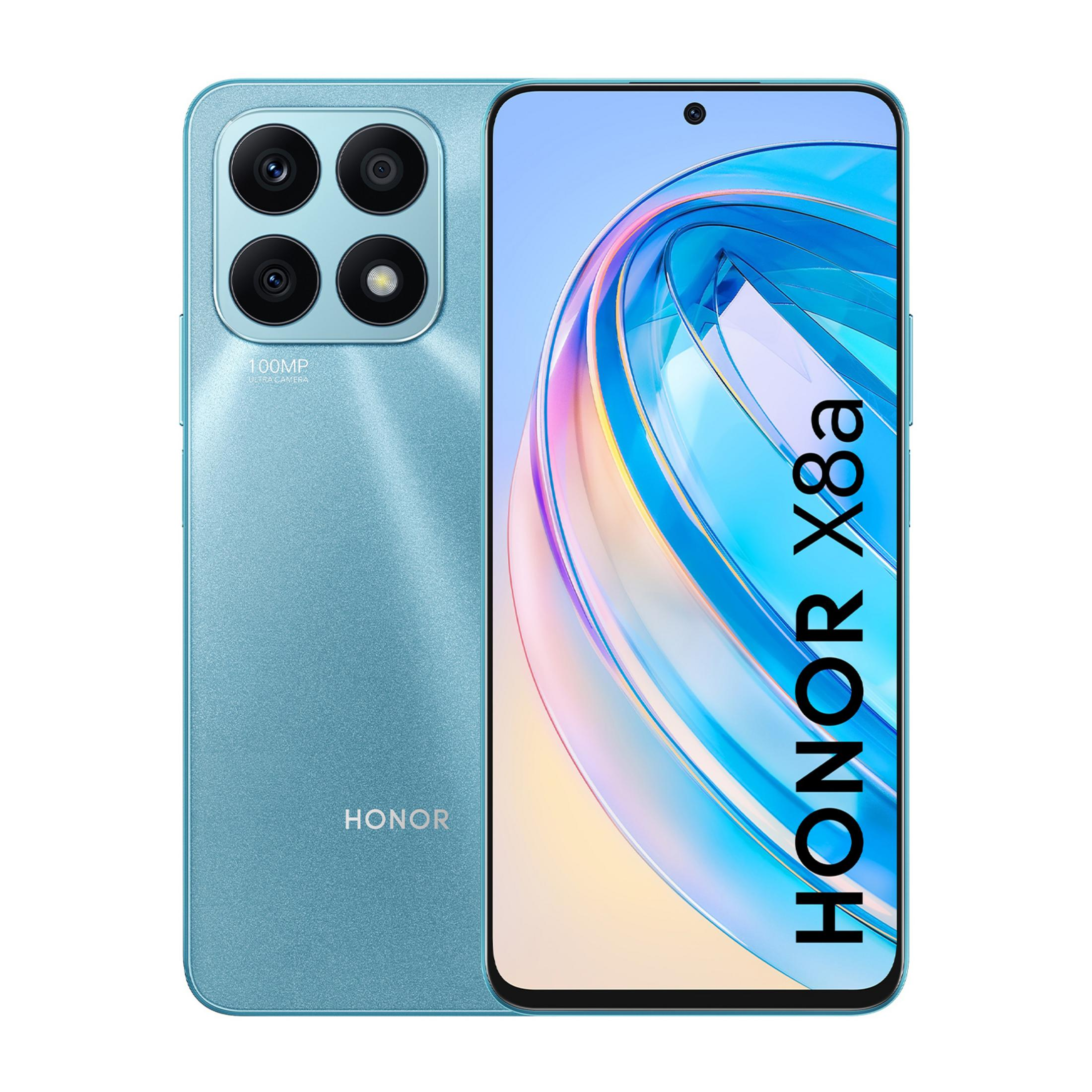 Blaues Honor X8a Smartphone mit 100MP Kamera auf weißem Hintergrund.
