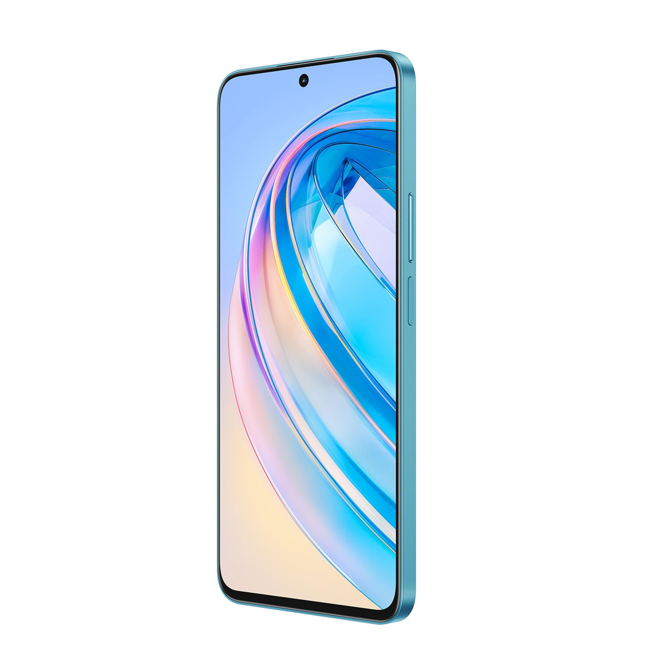 Ein blaues Smartphone mit einem abstrakten, bunten Hintergrund auf dem Bildschirm.