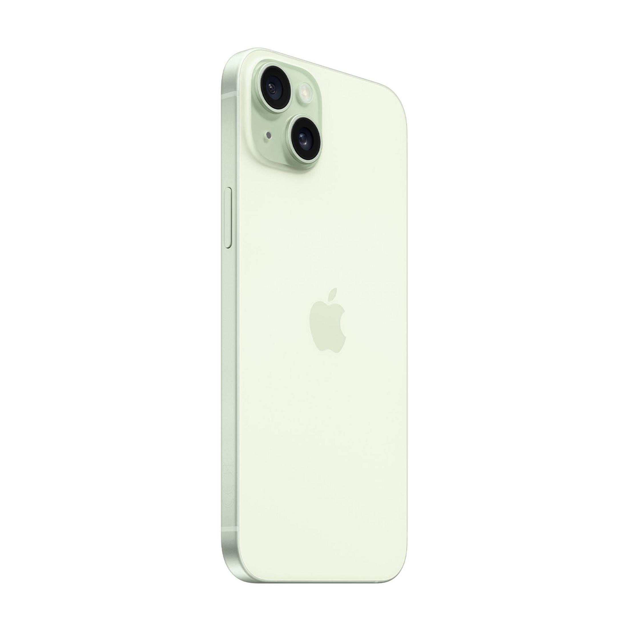 Jasnozielony iPhone z logo Apple i dwoma tylnymi aparatami.