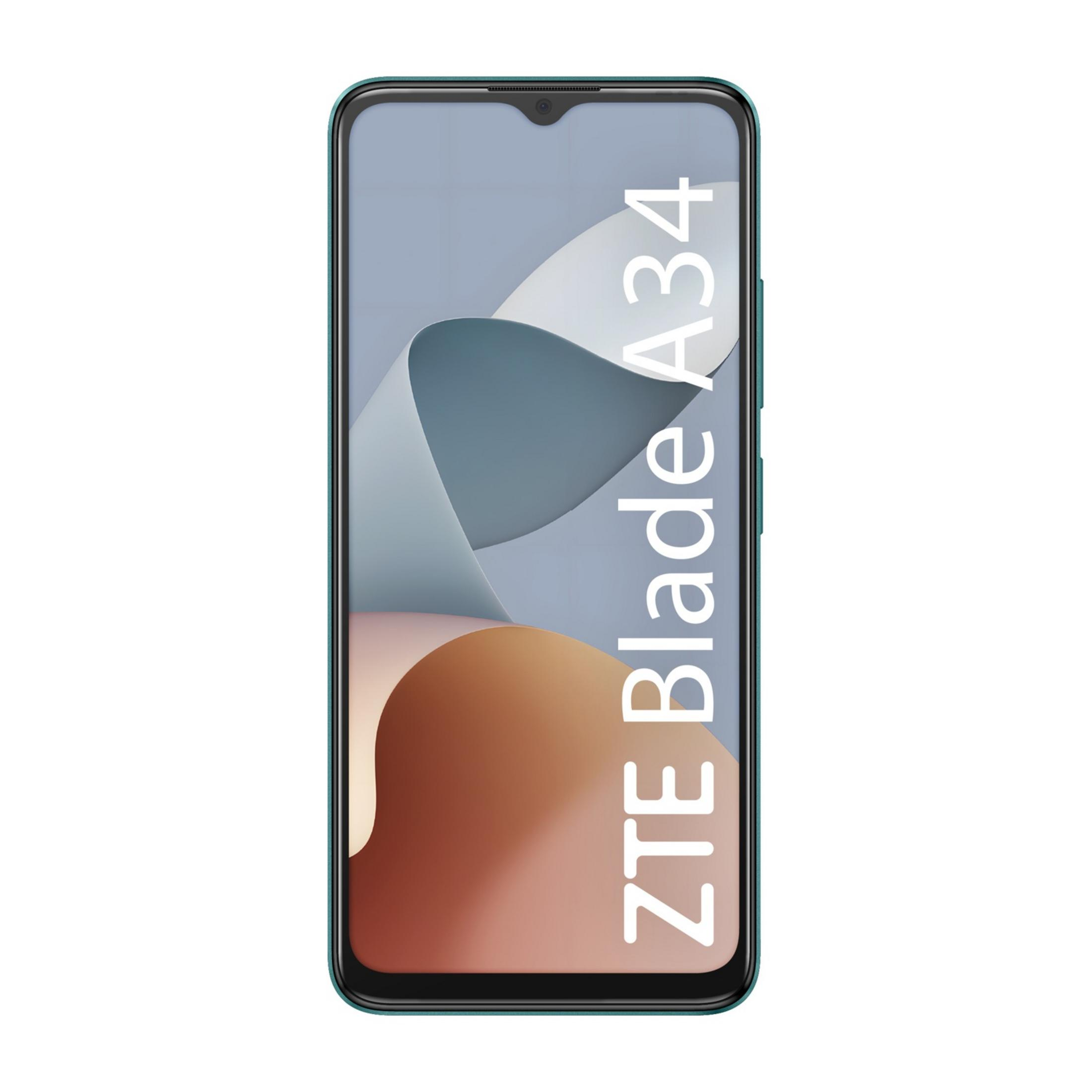 Zielony smartfon ZTE Blade A34 z abstrakcyjnym tłem na ekranie.