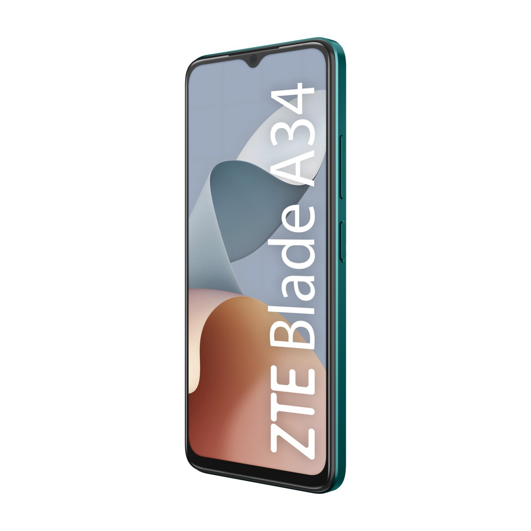 Tealowy smartfon ZTE Blade A34 na abstrakcyjnym tle.