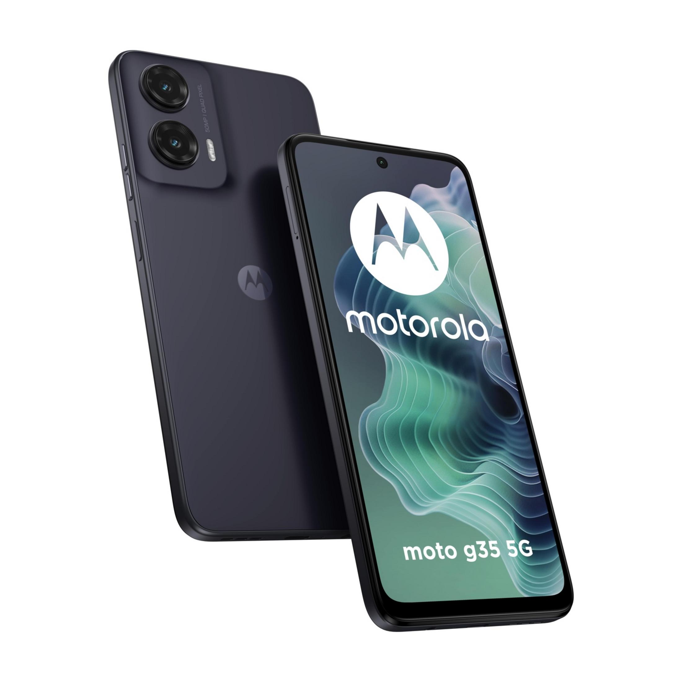 Ciemnoniebieski Motorola Moto G35 5G z podwójnym aparatem z tyłu.