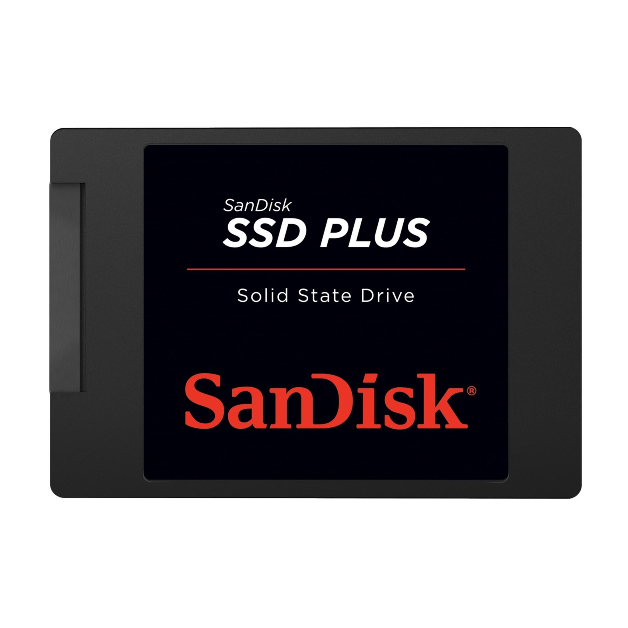 Zwarte SanDisk SSD met rode logo en tekst.
