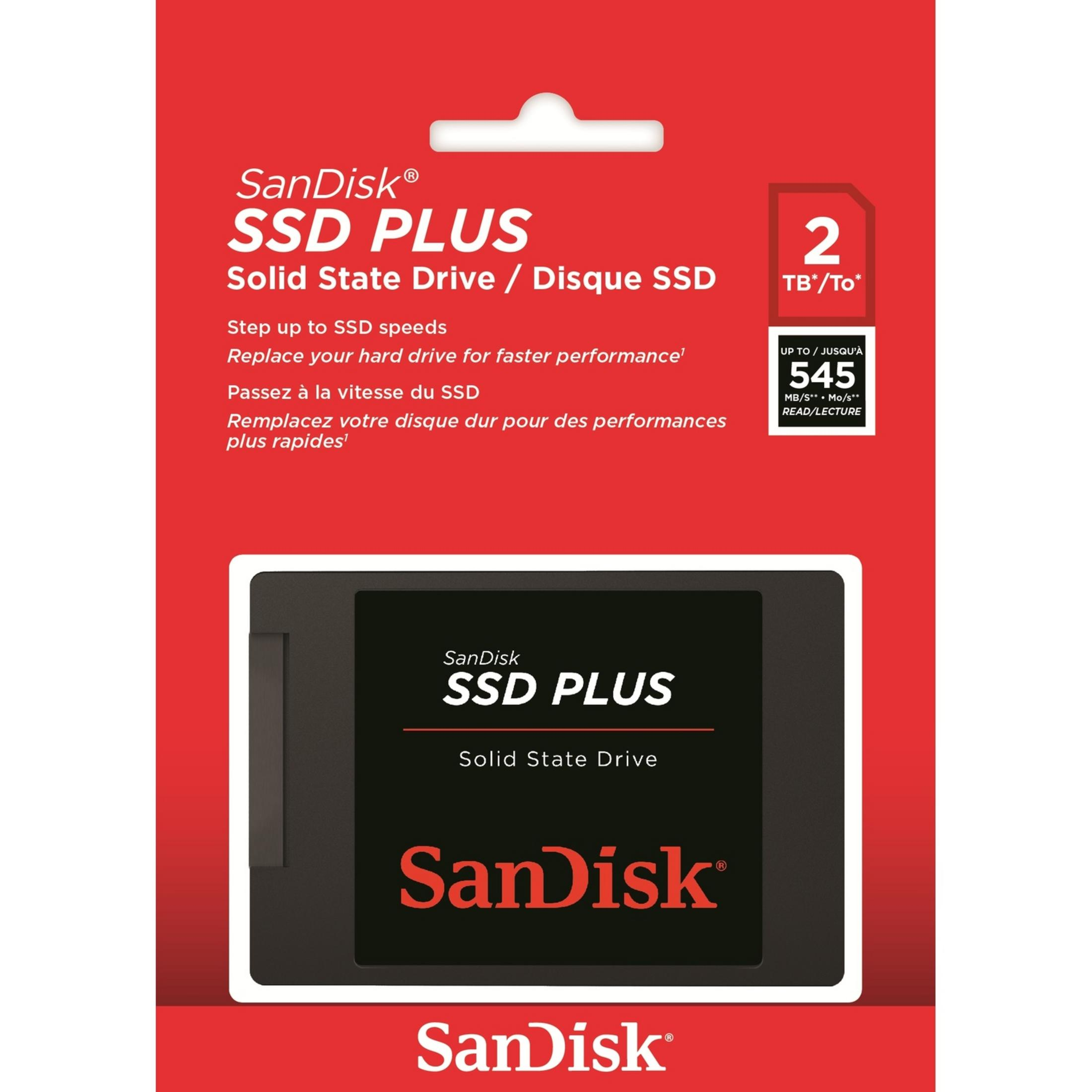 SanDisk SSD PLUS 2TB Solid State Drive verpakking met productafbeelding.