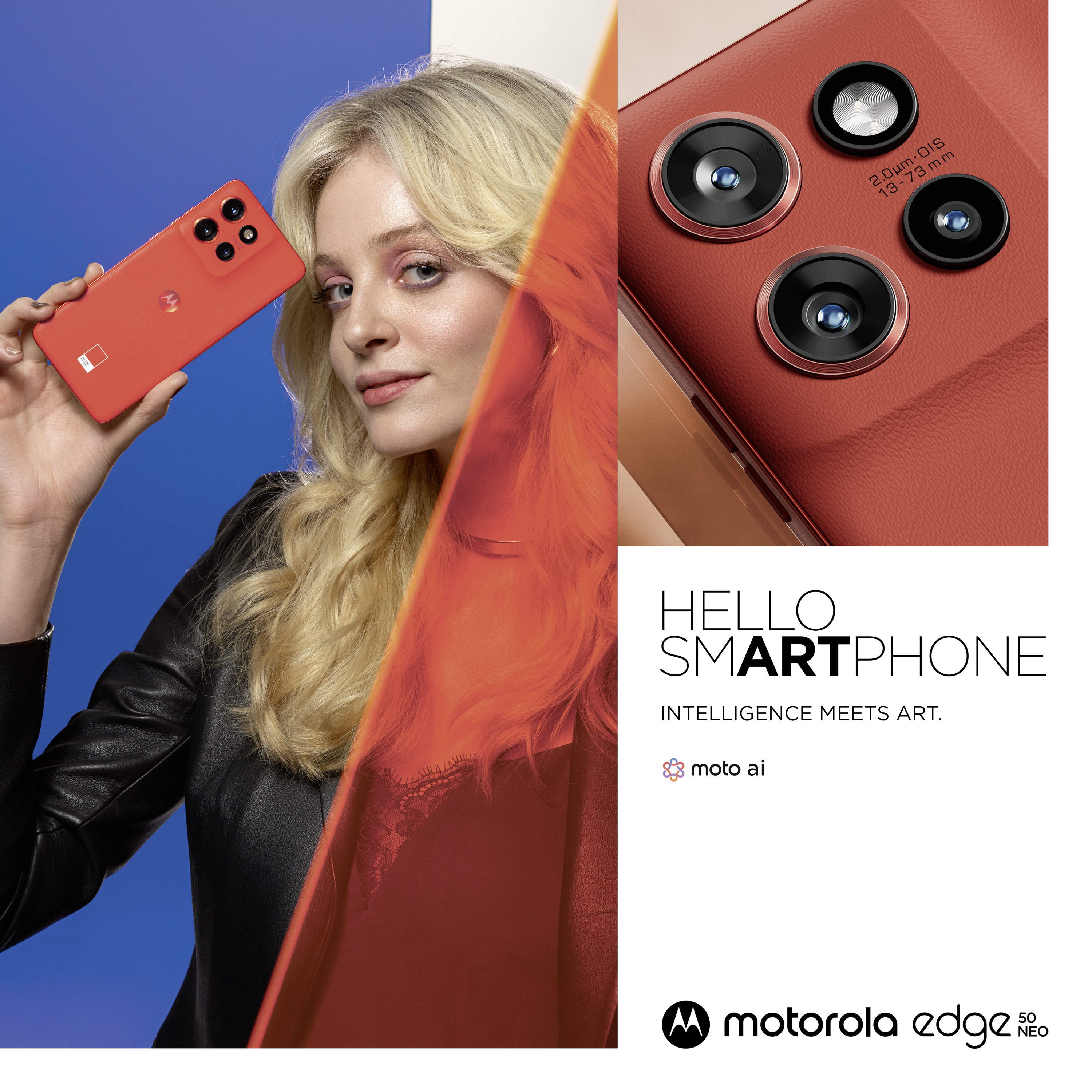 Frau hält ein rotes Smartphone, Nahaufnahme der Kamera und des Logos.