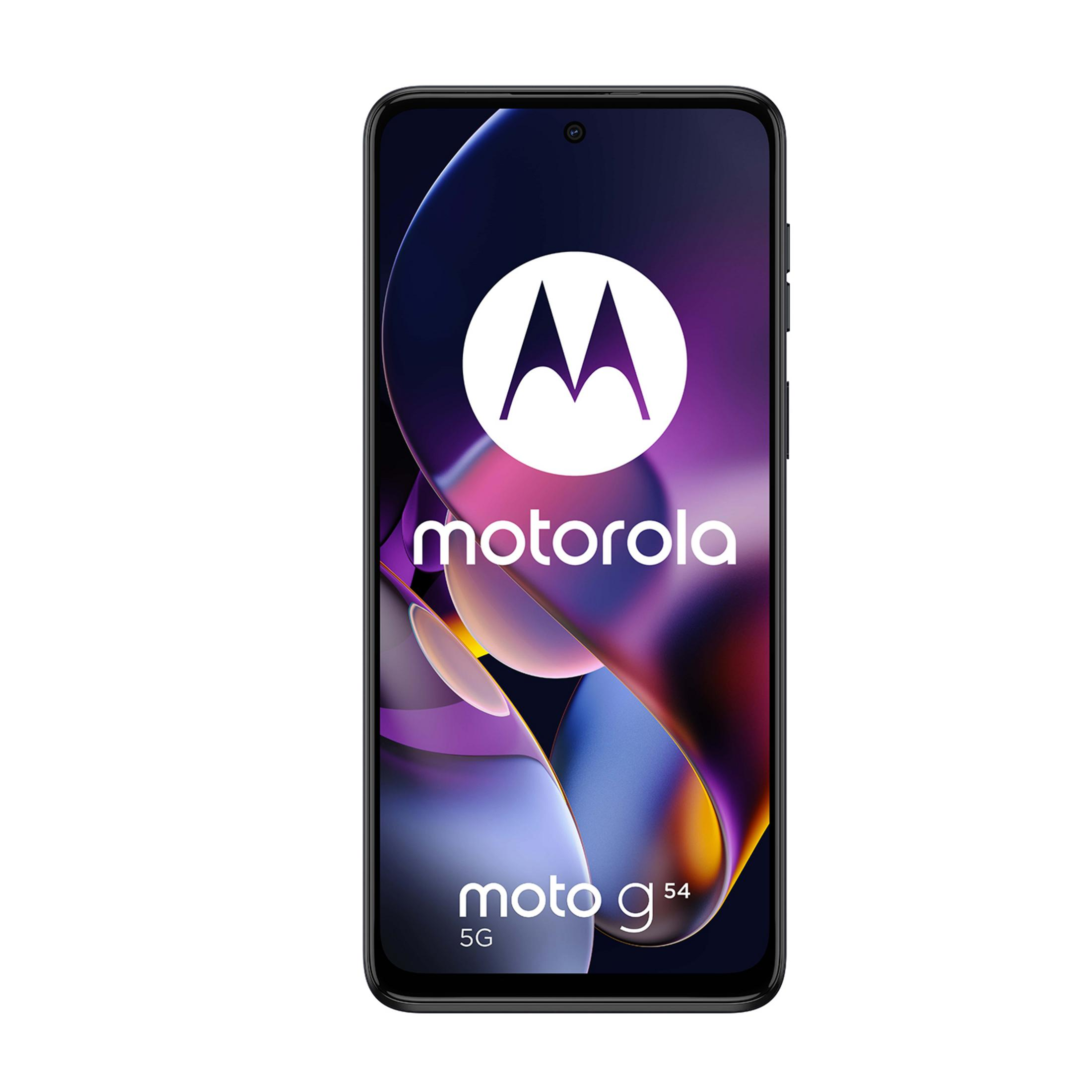 Smartfon Motorola Moto G54 5G z dużym logo M i fioletowym gradientem.