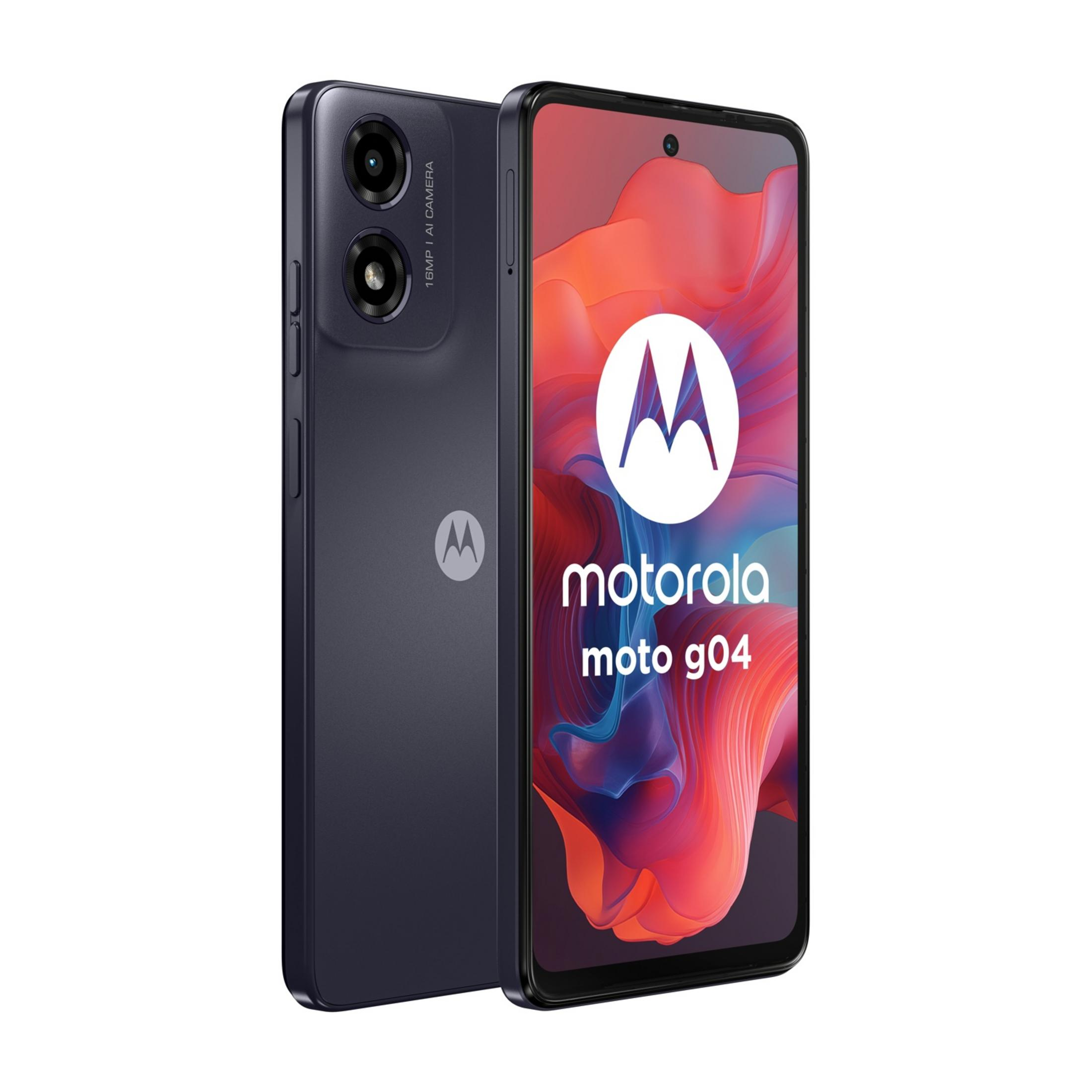 Ciemny smartfon Motorola Moto G04 z podwójnym aparatem z tyłu.