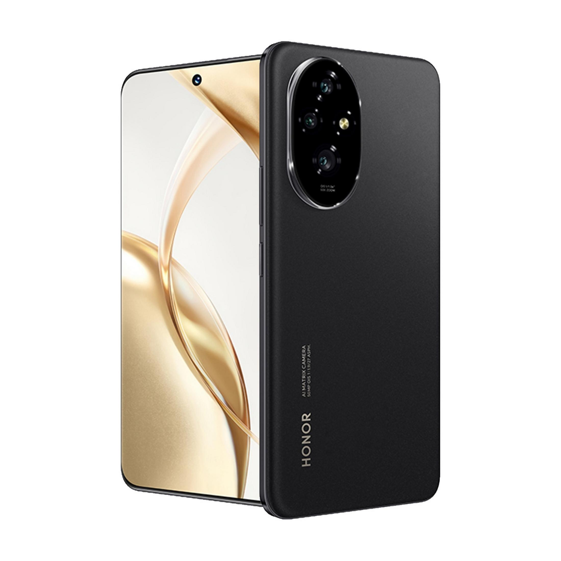 Czarny smartfon Honor z dużą okrągłą kamerą. Złote elementy tła.