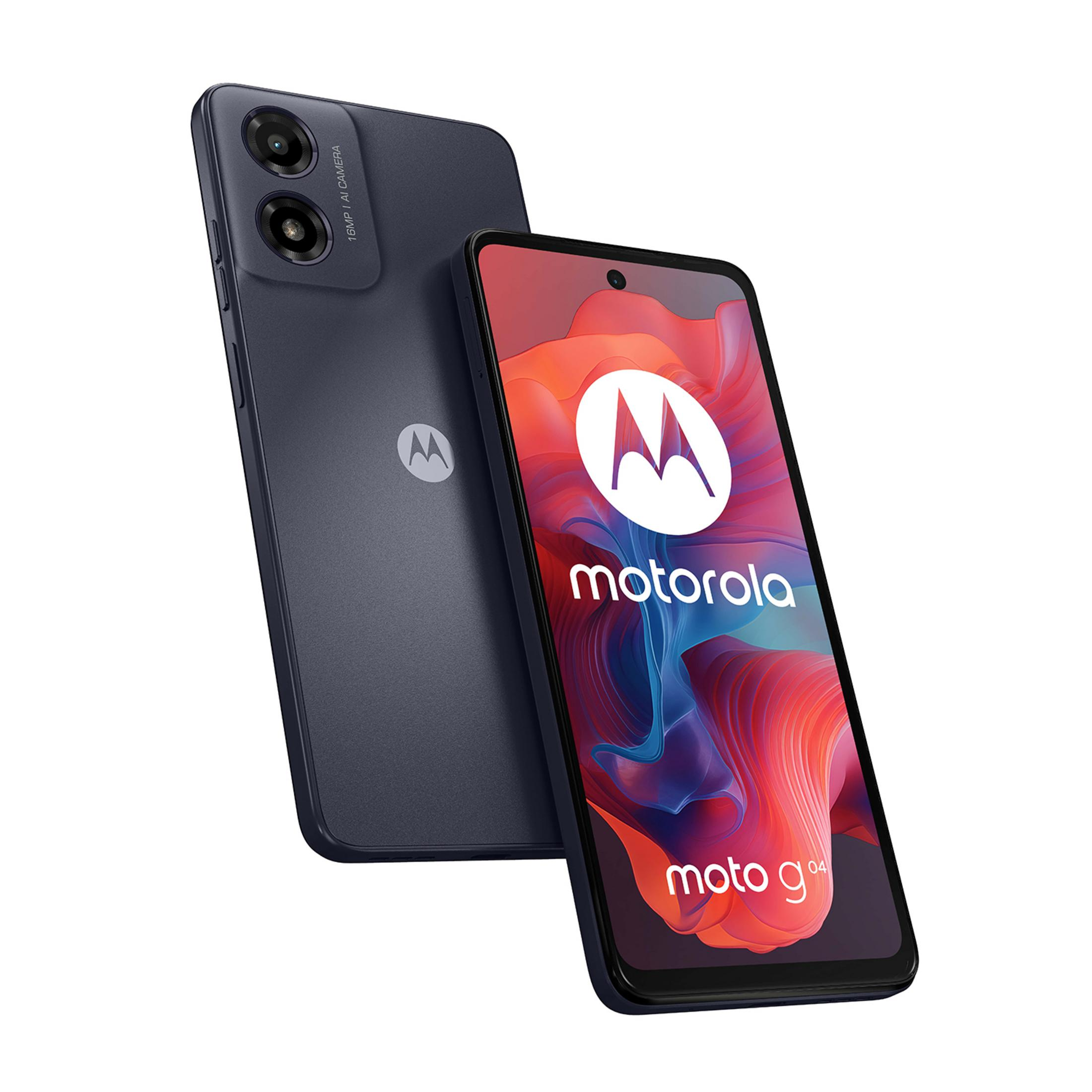 Ciemnoszary smartfon Motorola Moto G04 z podwójnym aparatem.