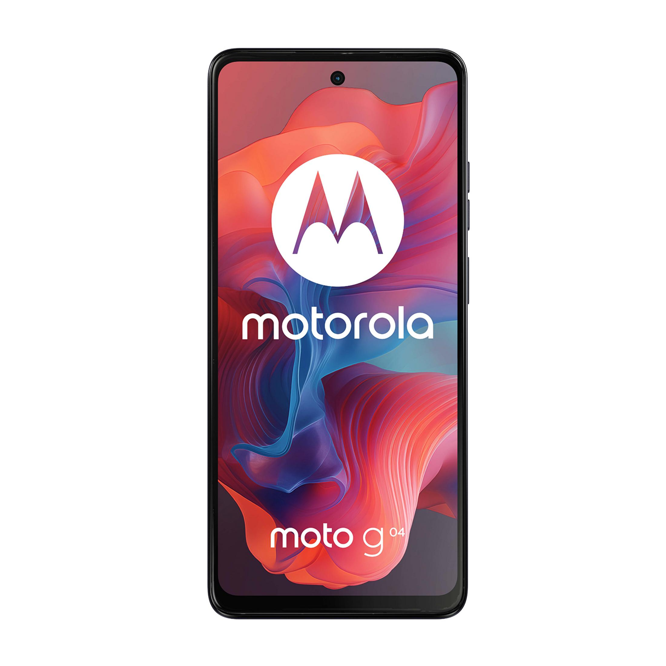 Smartfon Motorola Moto G04 z abstrakcyjnym, kolorowym tłem.