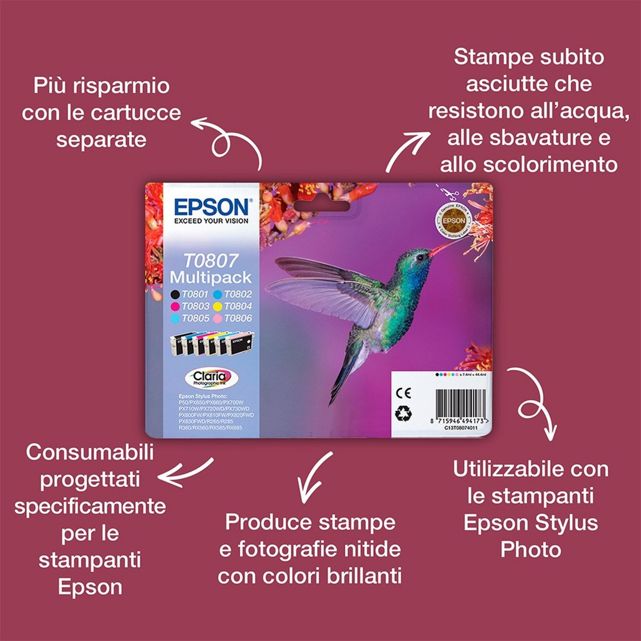 Multipack Epson T0807 con colibrí. Cartuchos de tinta separados para impresoras Epson Stylus Photo.