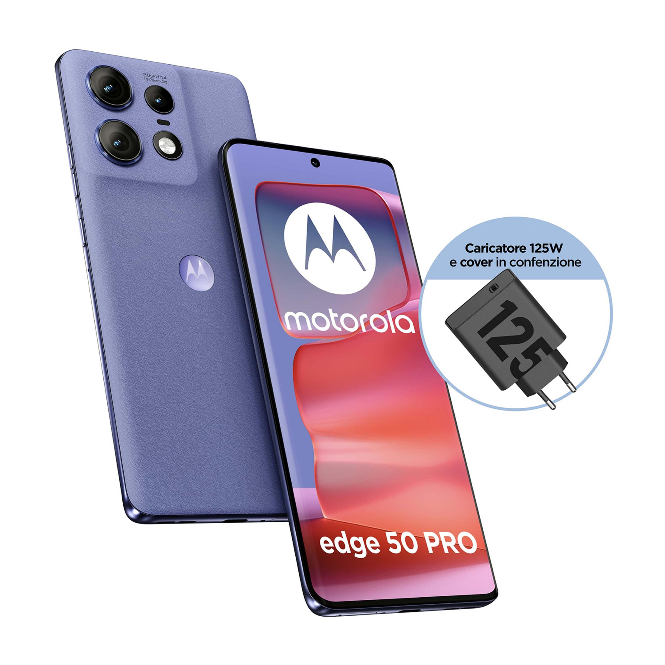 Fioletowy Motorola Edge 50 Pro z ładowarką 125W i etui.