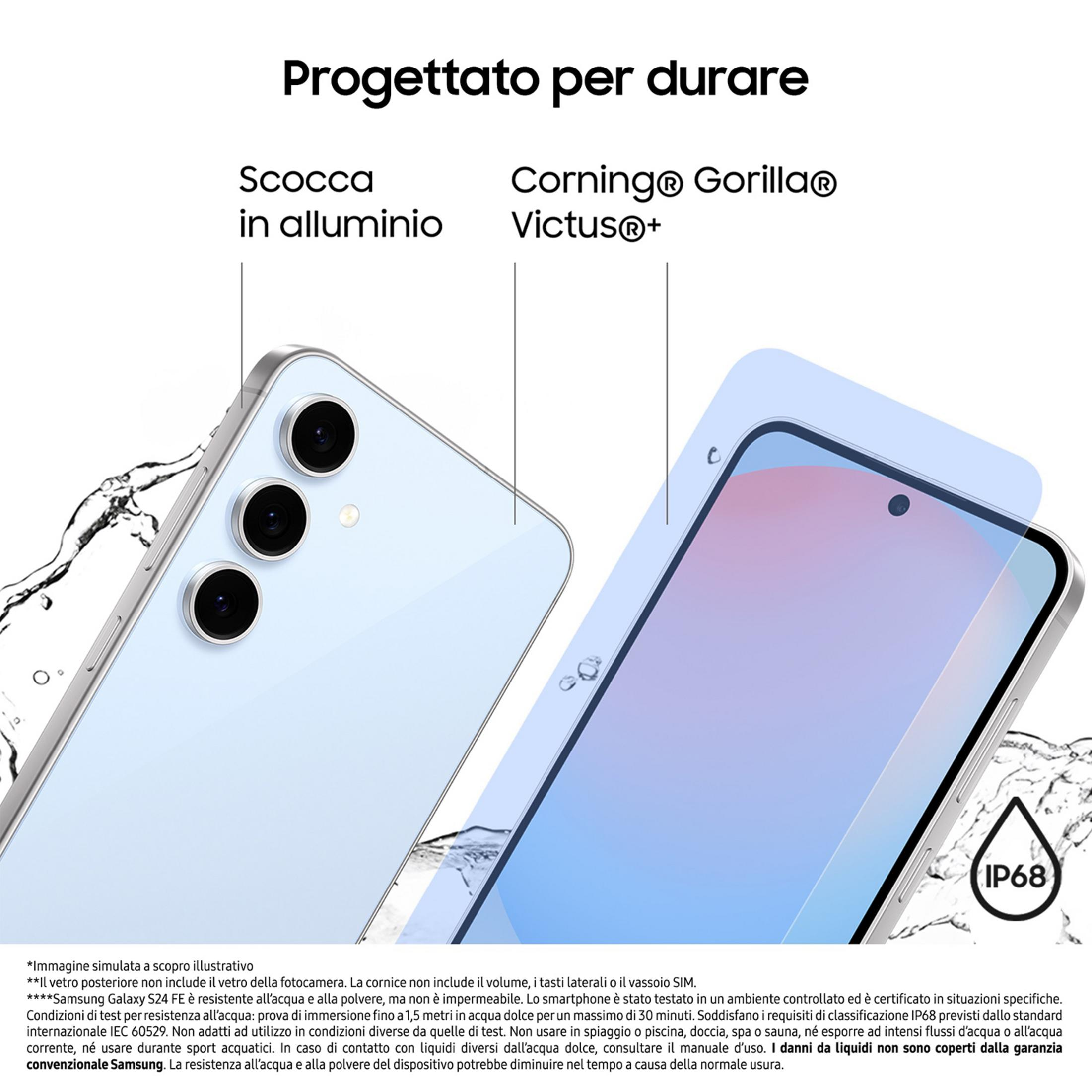Ein hellblaues Smartphone mit drei Kameras und IP68-Wasserbeständigkeitssymbol.