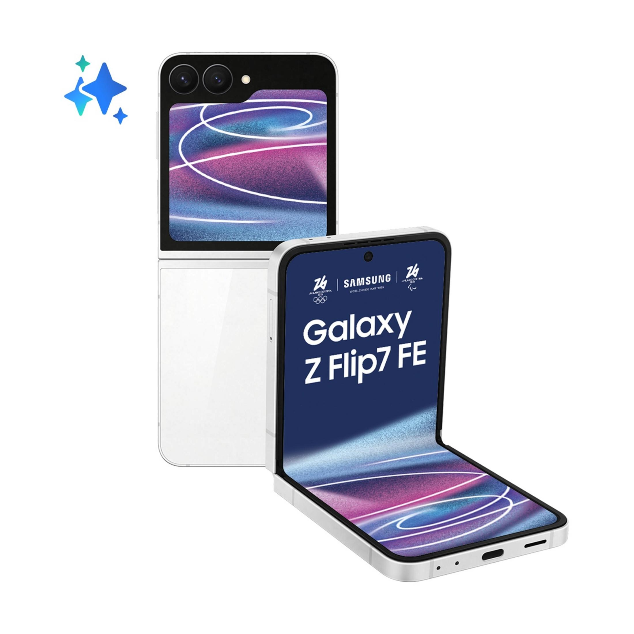 Biały Samsung Galaxy Z Flip7 FE z otwartym ekranem i gwiazdami.