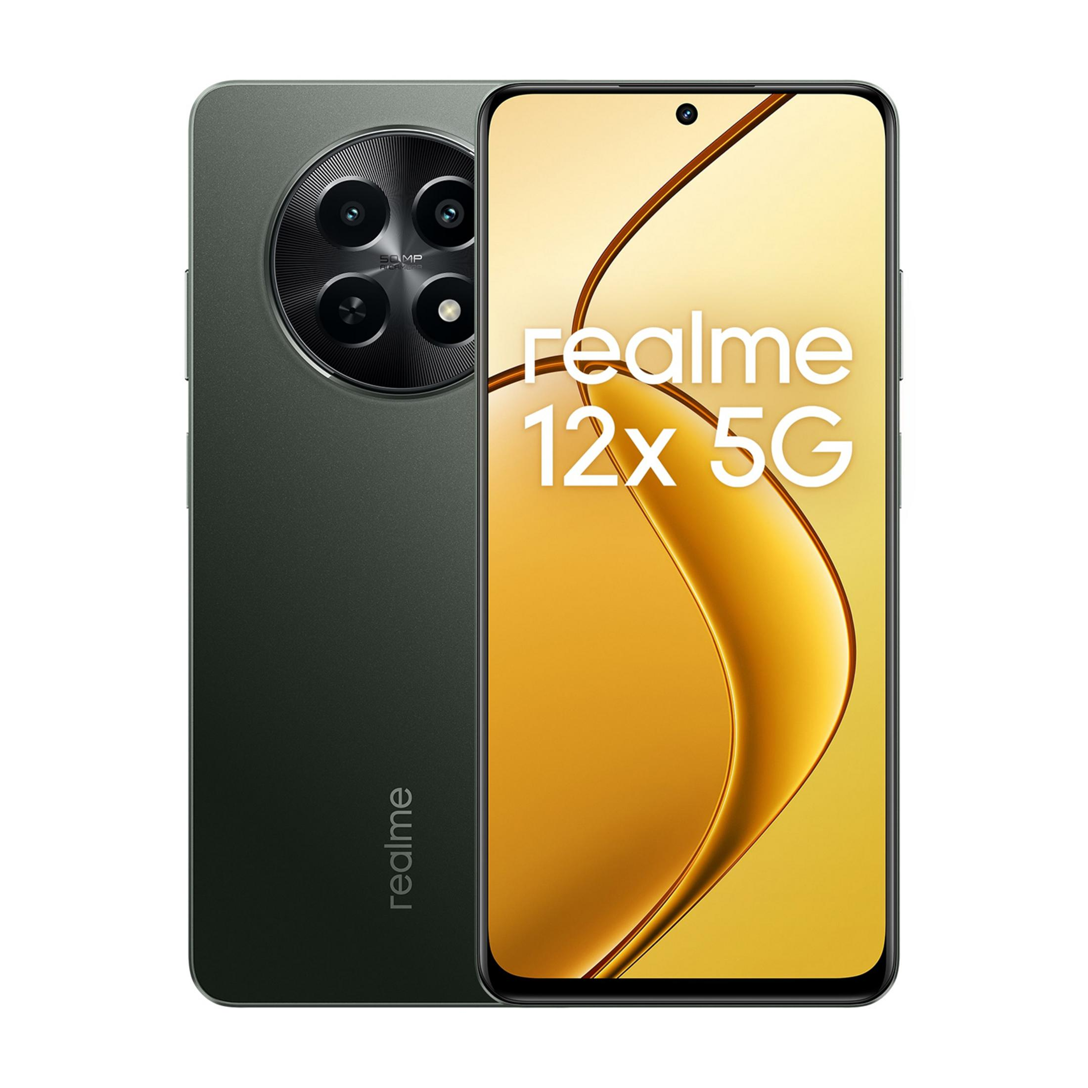 Smartphone Realme 12x 5G gris oscuro con lente de cámara redonda y fondo amarillo.